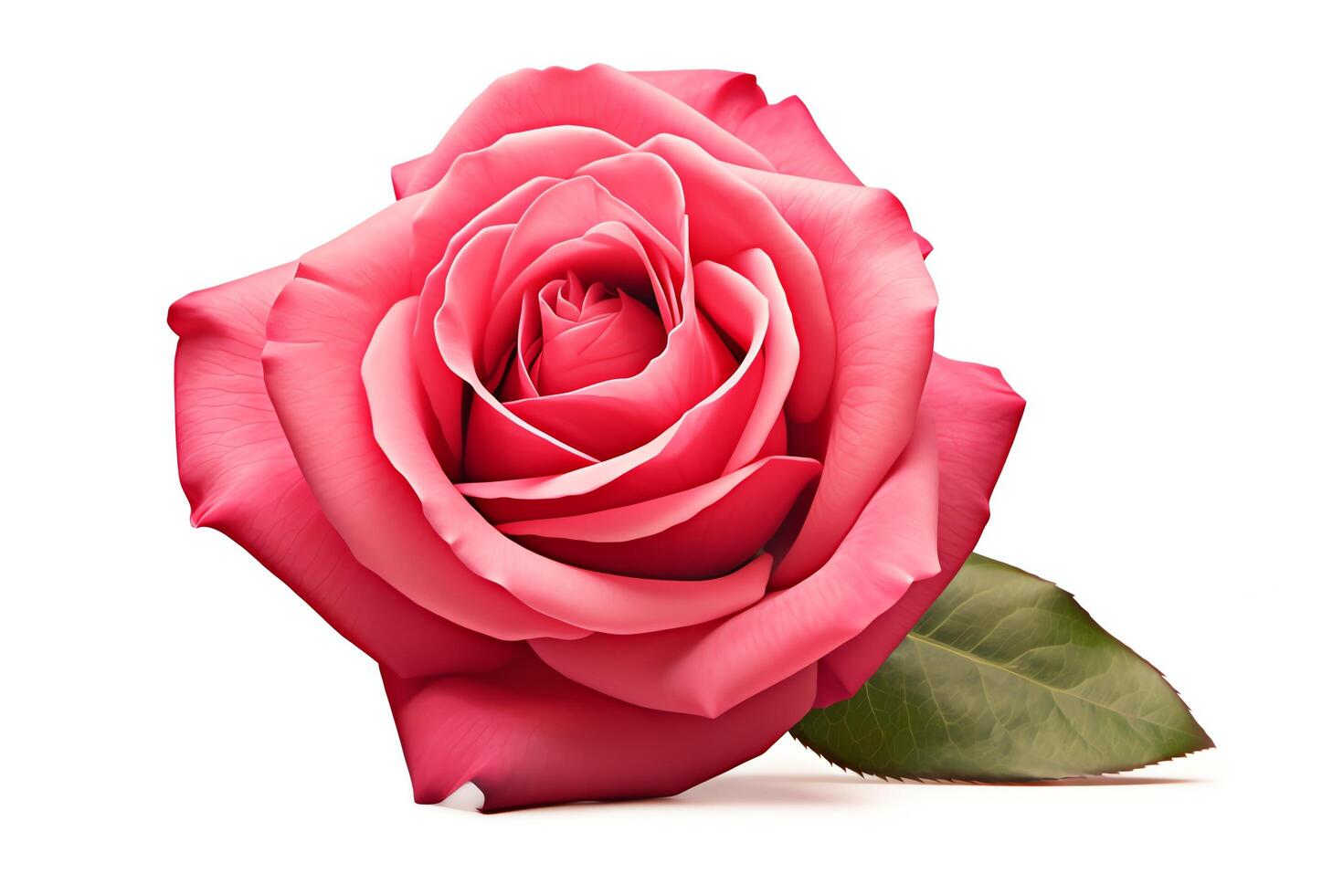 Create a photorealistic image of a single pink rose in full bloom against a white background photo
