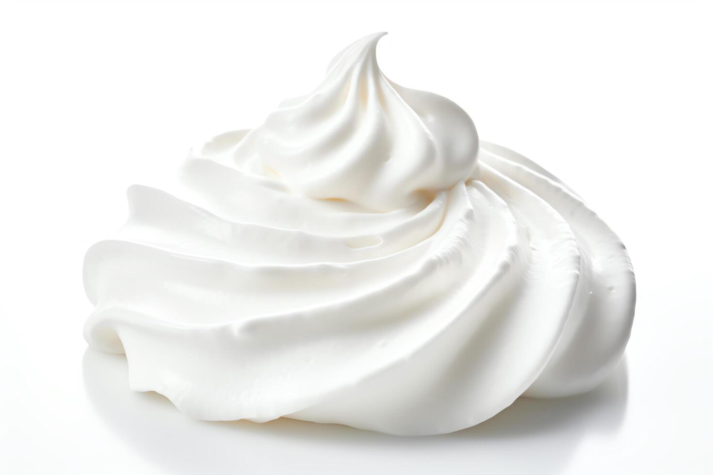 Generate an image of a white whipped cream swirl. The whipped cream should be smooth and creamy, with a soft, fluffy texture. photo