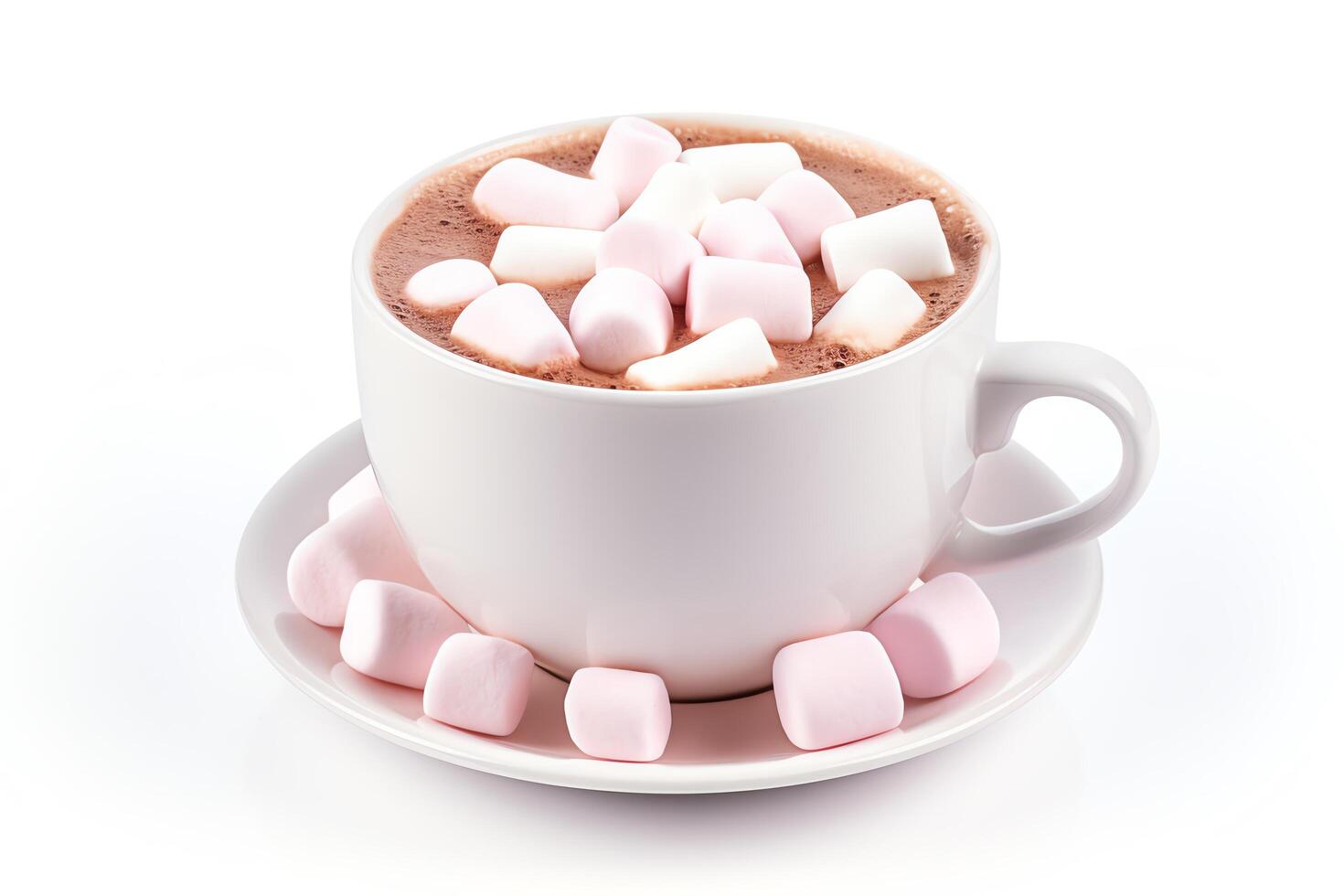 Hot chocolate with marshmallows. Cup of hot chocolate with marshmallows on white background. photo