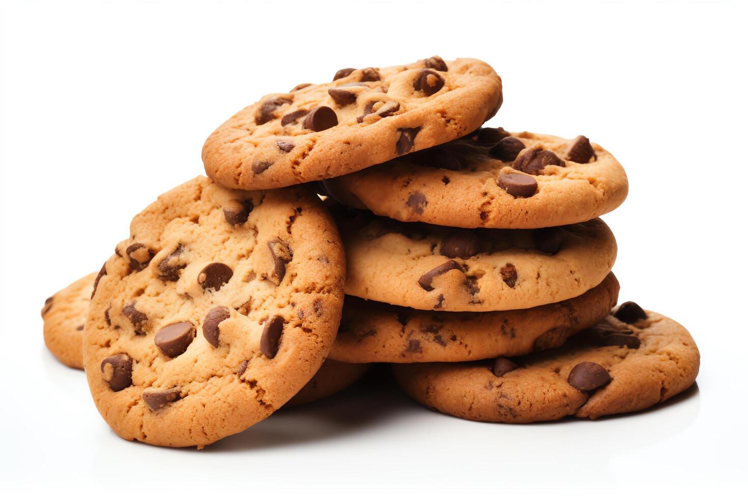 Image shows a stack of chocolate chip cookies. The cookies are round and have a golden brown color. They are made with a soft dough and are topped with chocolate chips. photo