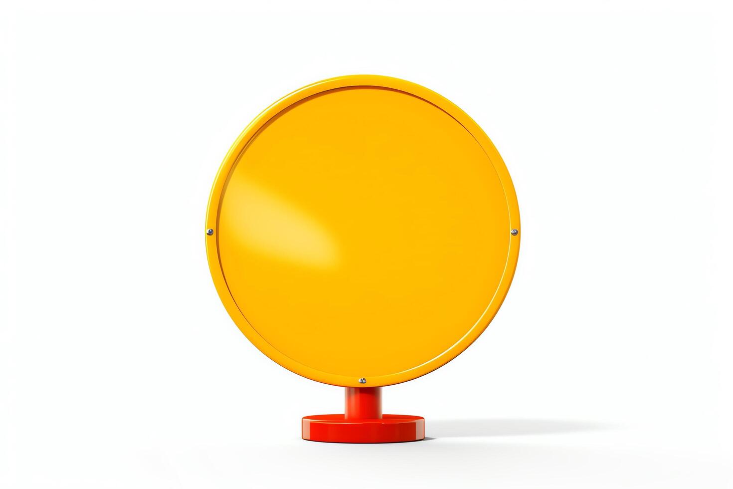 Create a 3D rendering of a blank circular road sign with a red base photo