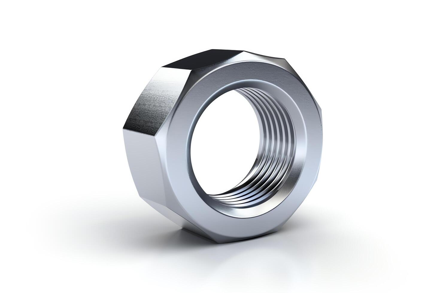 A 3D rendering of a shiny metal nut on a white background. photo