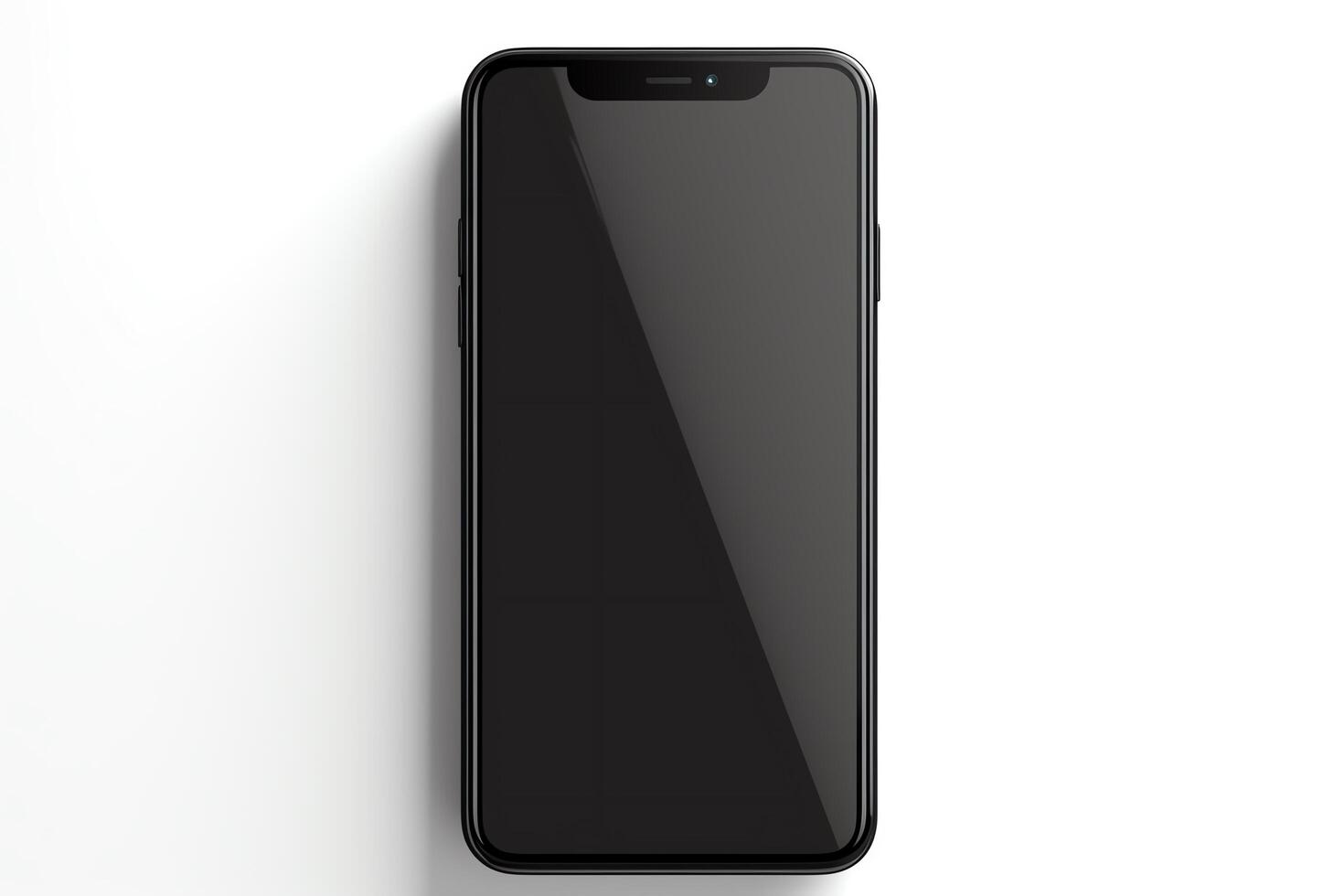 Latest model smartphone, sleek black design, displayed frontally, isolated on a white background, format, suitable for tech reviews. photo