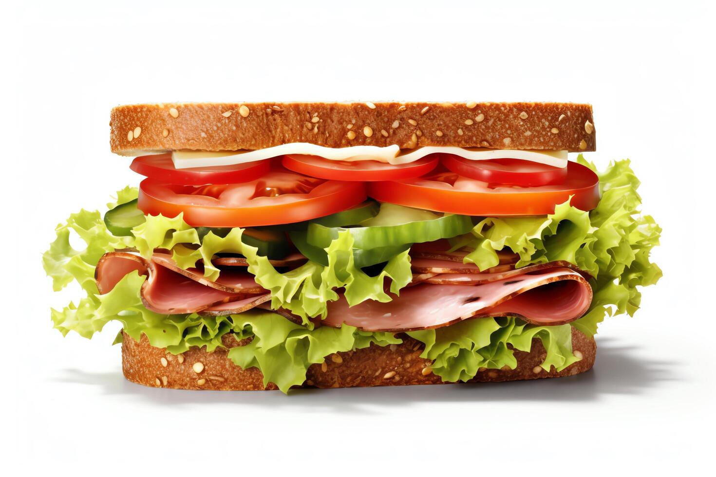 Photo of a sandwich with ham, cheese, tomato, cucumber, and lettuce on whole wheat bread. The sandwich is cut in half and sitting on a white background.