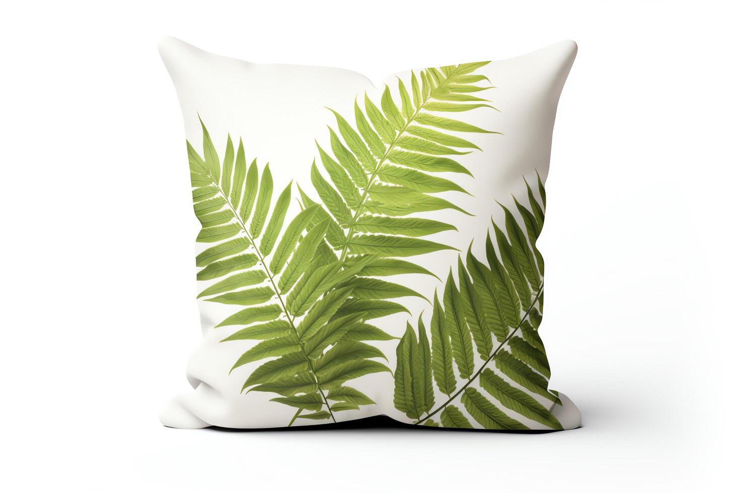 Create a modern botanical throw pillow featuring a close-up photograph of lush green fern leaves against a white background. photo