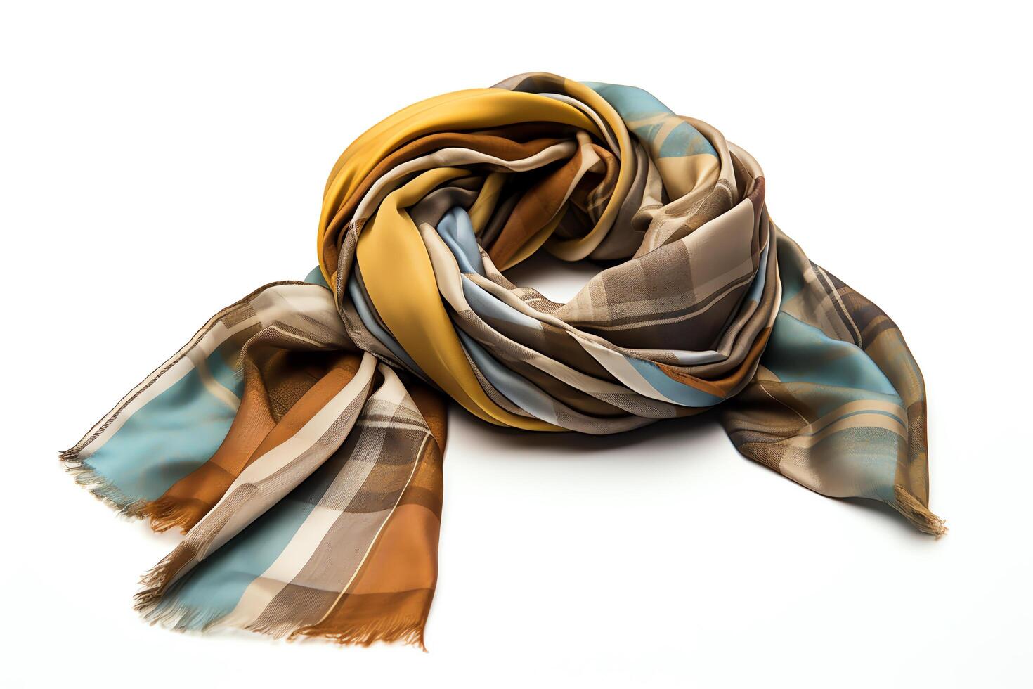 Generate a high-resolution image of a scarf with a pattern of brown and blue squares and a yellow, brown, and blue striped pattern in the center photo