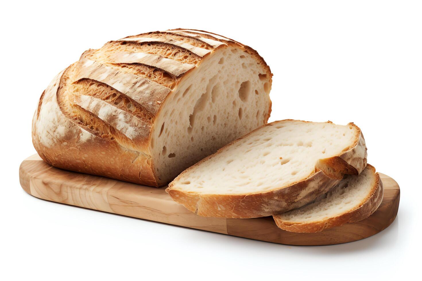 A close-up image of a loaf of freshly baked bread on a wooden cutting board. The bread is golden brown and has a crispy crust. The inside of the bread is soft and fluffy. photo