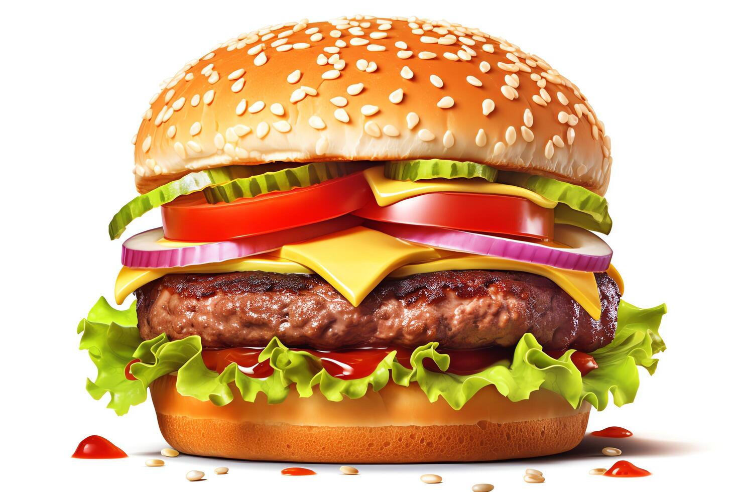 Photo of a delicious cheeseburger with all the fixings on a sesame seed bun.