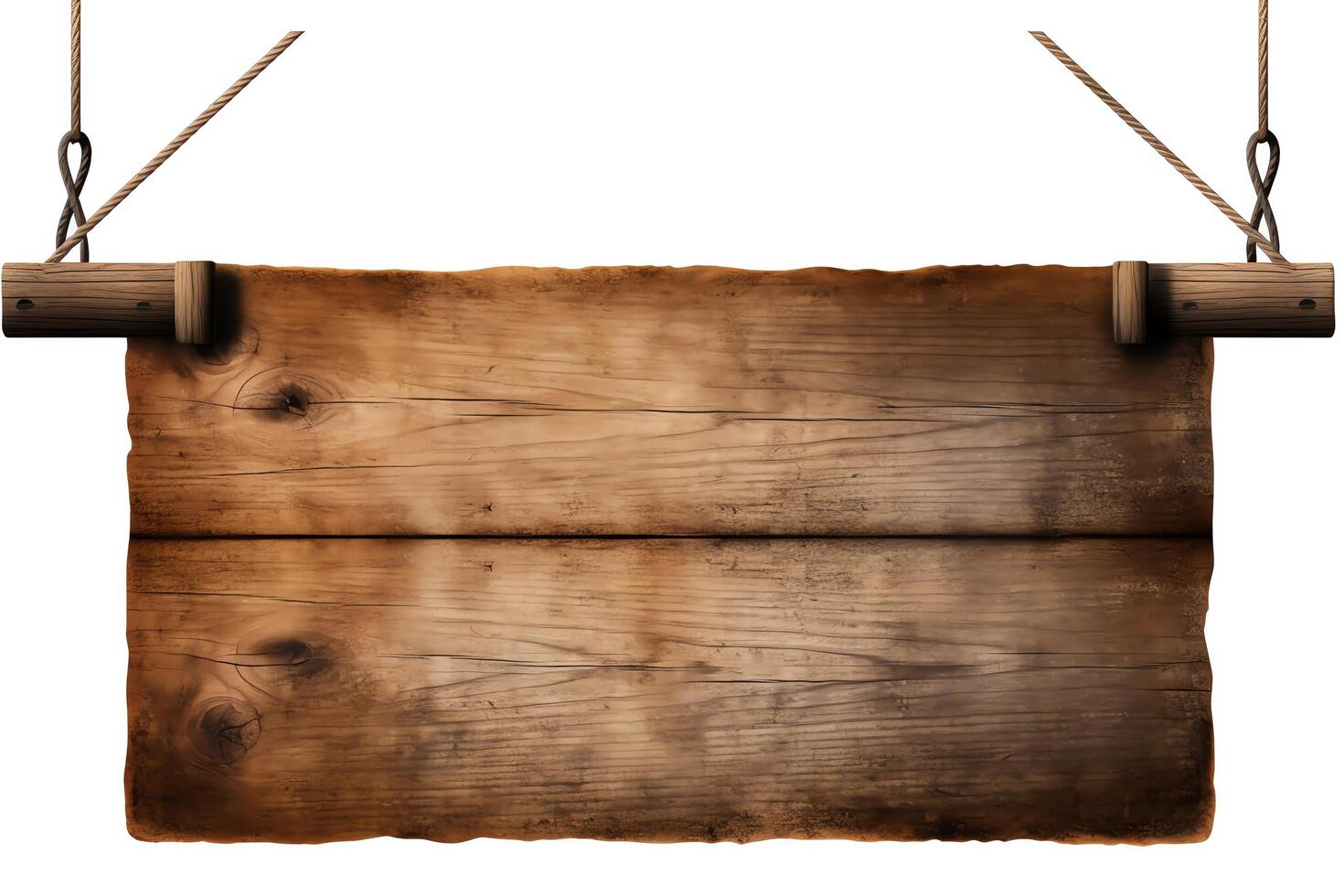 Create a realistic wooden sign. The wood should be old and weathered. The sign should be hanging from two ropes. The sign should be blank. photo