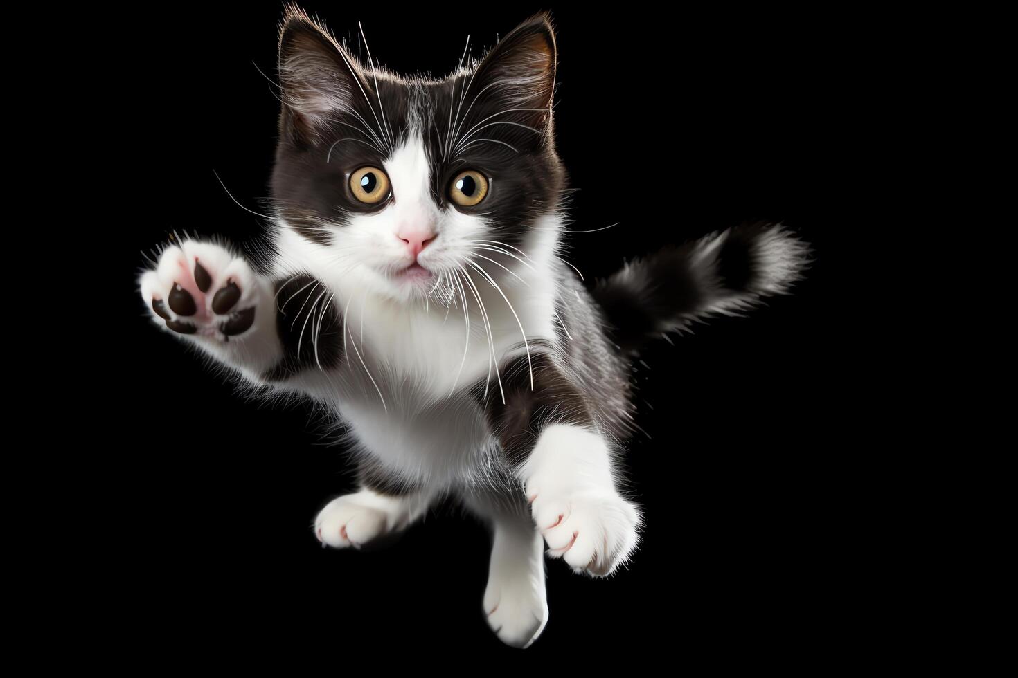 Playful black and white kitten, pouncing pose, vivid detail, isolated on a white background, format for animal illustrations. photo