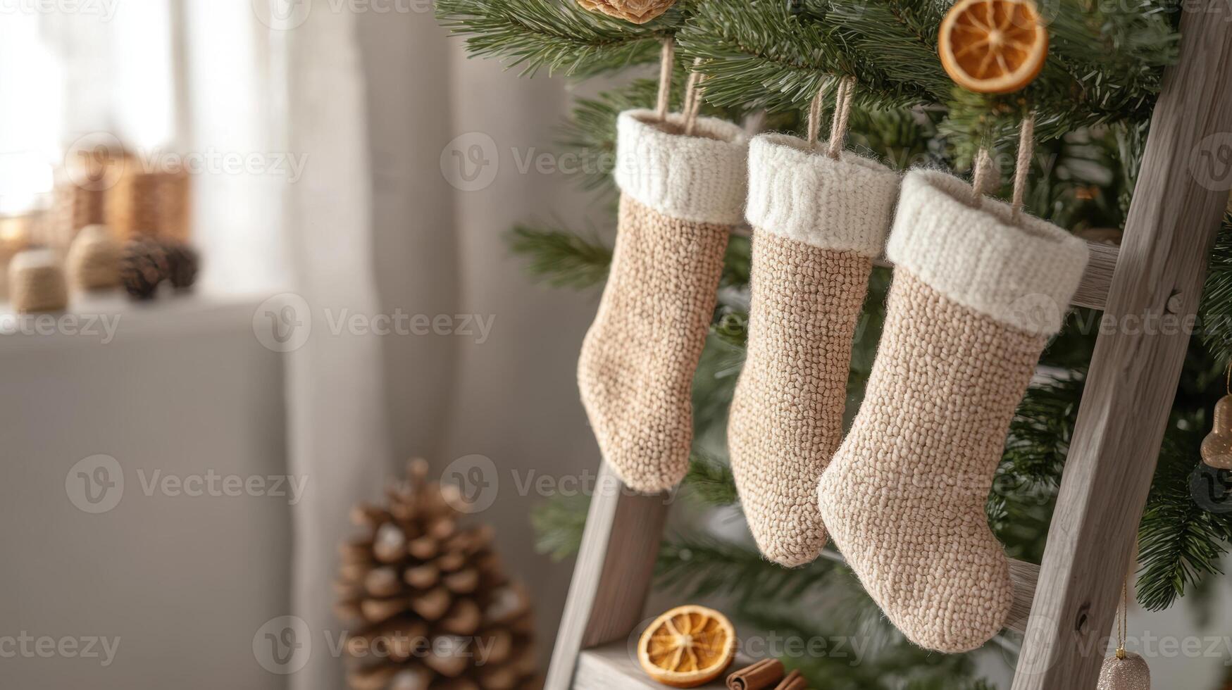 Minimalist Christmas scene with organic stockings and a simple tree decorated with dried oranges, capturing a peaceful, natural holiday atmosphere. Christmas stockings, New Year photo