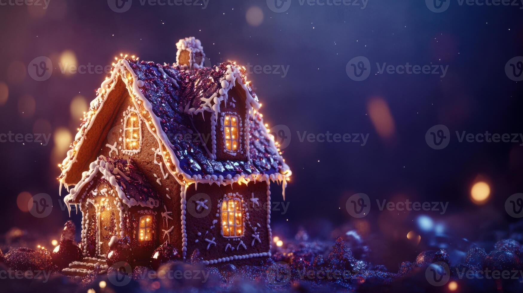 Modern holiday scene with a gingerbread house, deep colors, and soft lighting, creating a mysterious and elegant festive atmosphere. Gingerbread house, New Year, Christmas photo