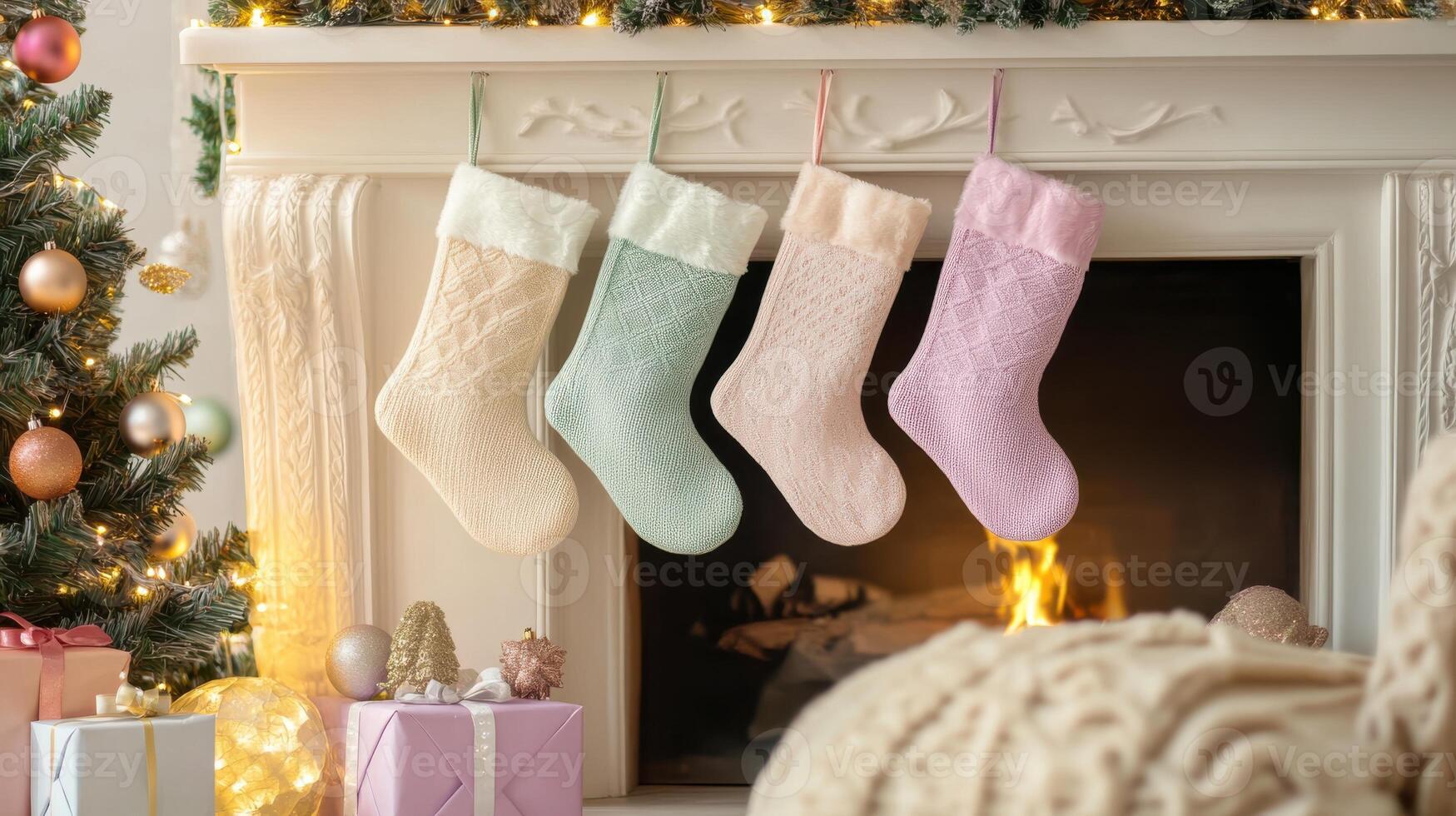 Pastel-colored stockings and muted holiday decor with fairy lights, adding a dreamy and cozy quality to a festive Christmas scene. Christmas stockings, New Year photo