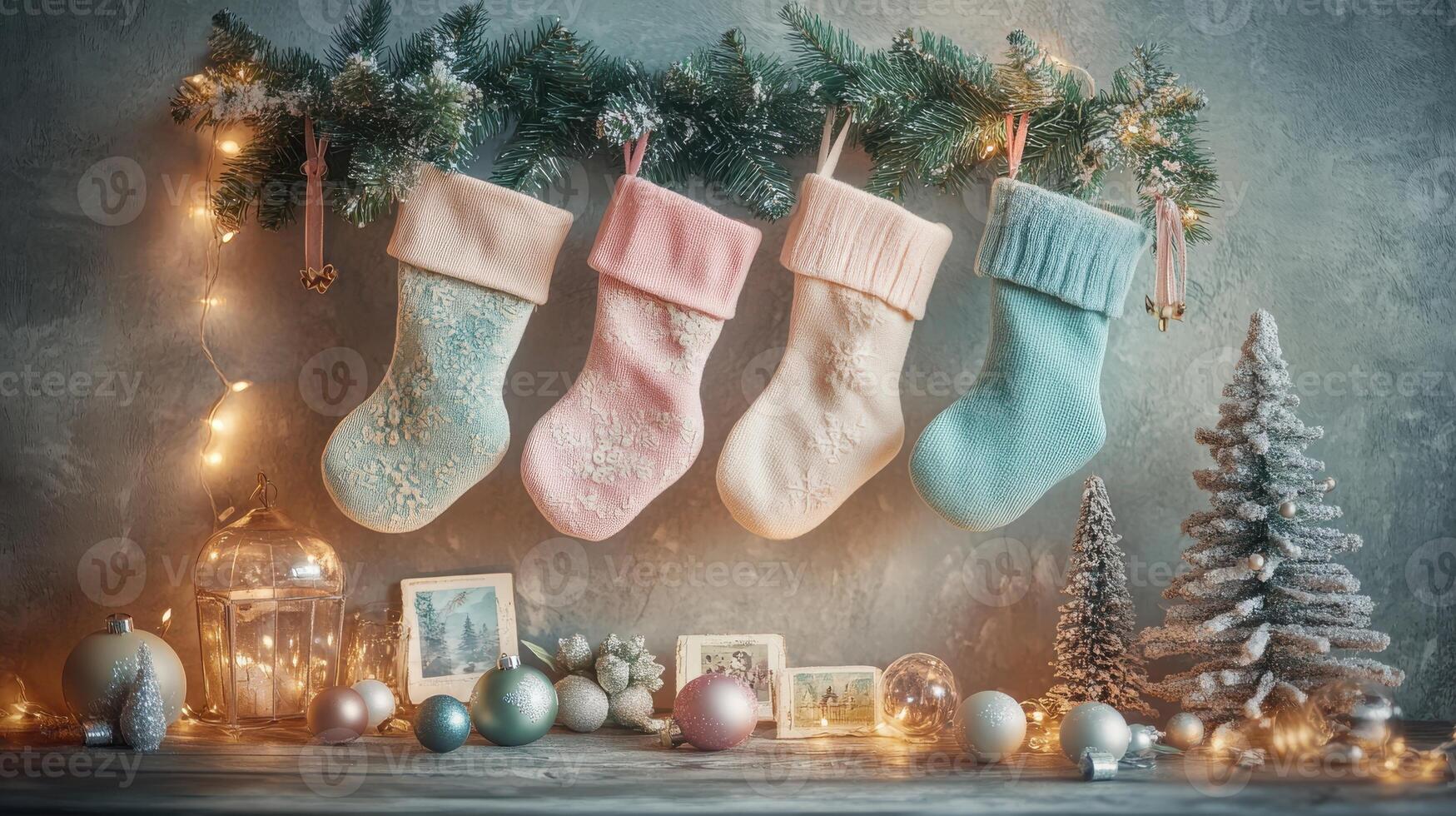 Pastel Christmas stockings, vintage postcards, and retro glass ornaments, surrounded by an old-fashioned tree, bringing back the charm of holidays past. Christmas stockings, New Year photo