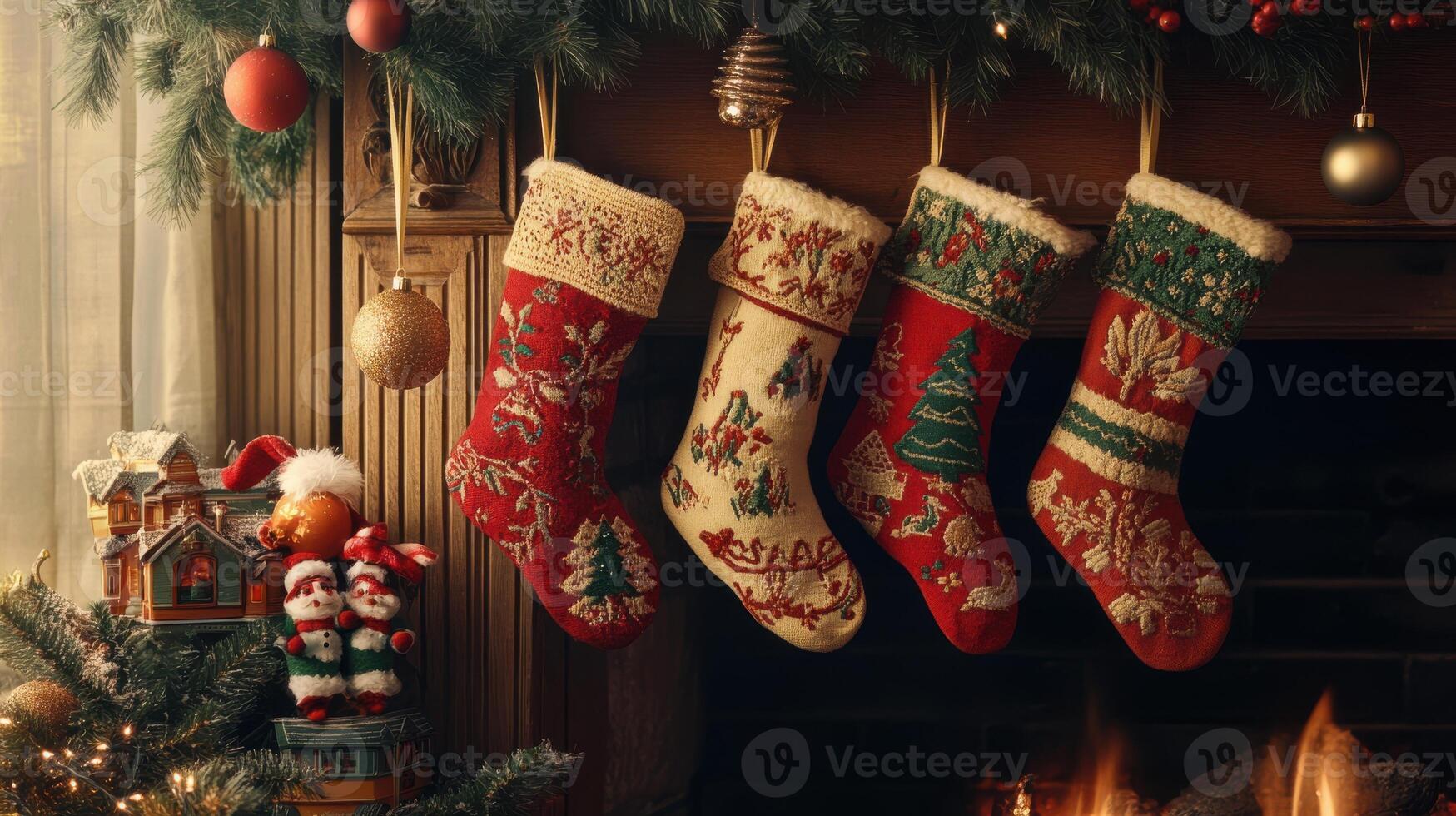 Christmas stockings with intricate embroidery and muted colors, hanging on a mantel with nostalgic toys and ornaments, evoking a 1950s holiday scene. Christmas stockings, New Year photo
