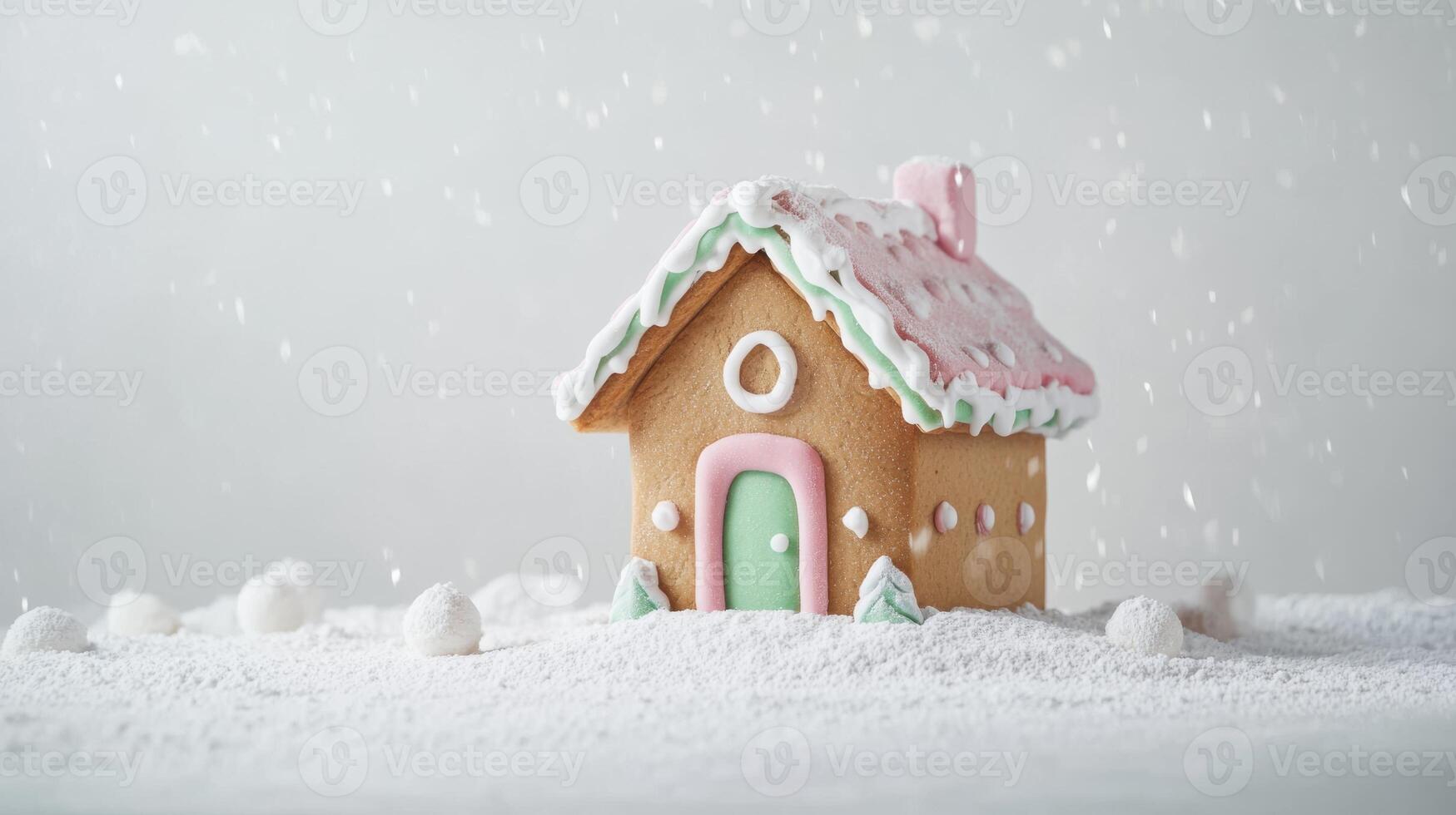 Sleek and simple gingerbread house with pastel pink and mint green details, surrounded by powdered sugar on a white background. Gingerbread house, New Year, Christmas photo