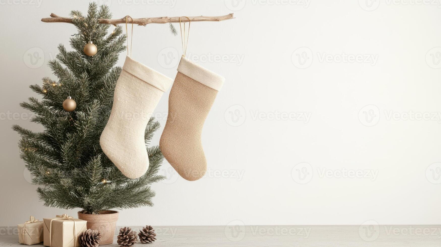 Sustainable holiday decor with upcycled stockings and a small tree decorated with handmade paper ornaments, enhancing a minimalist Christmas vibe. Christmas stockings, New Year photo