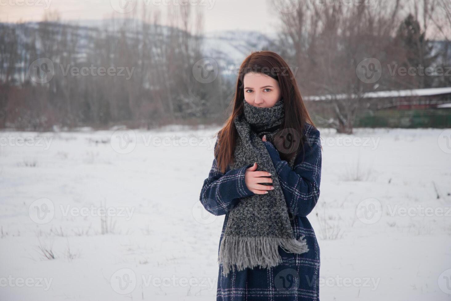 A young woman in a snowy landscape, warmly dressed in a winter coat and scarf, holding her scarf close to her face, exuding a sense of coziness and tranquility. Comfort and peacefulness photo
