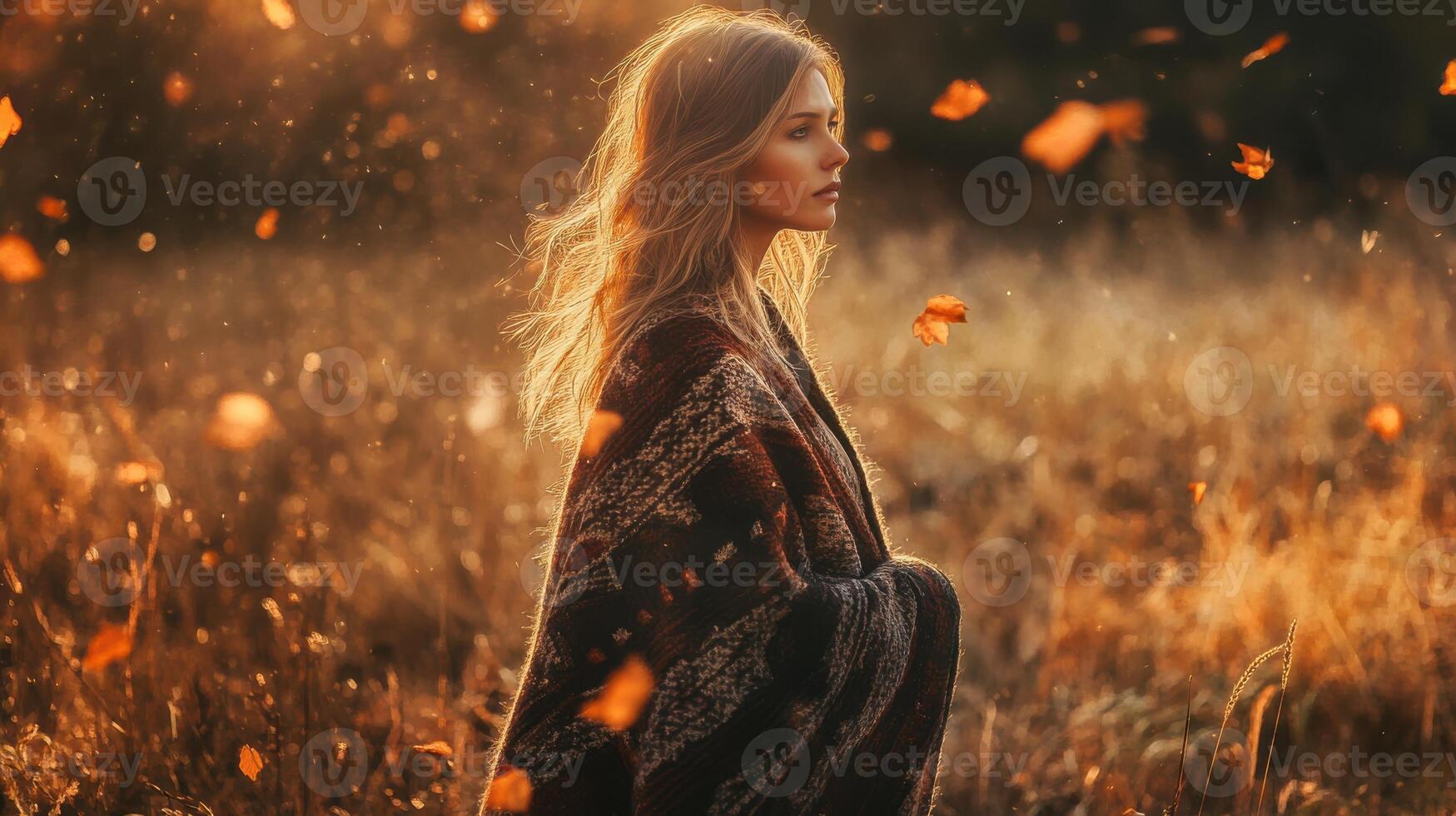 Flowing poncho on a model in an autumn field, swirling leaves creating a dynamic scene, contrasting with the rugged setting. Autumn clothing photo