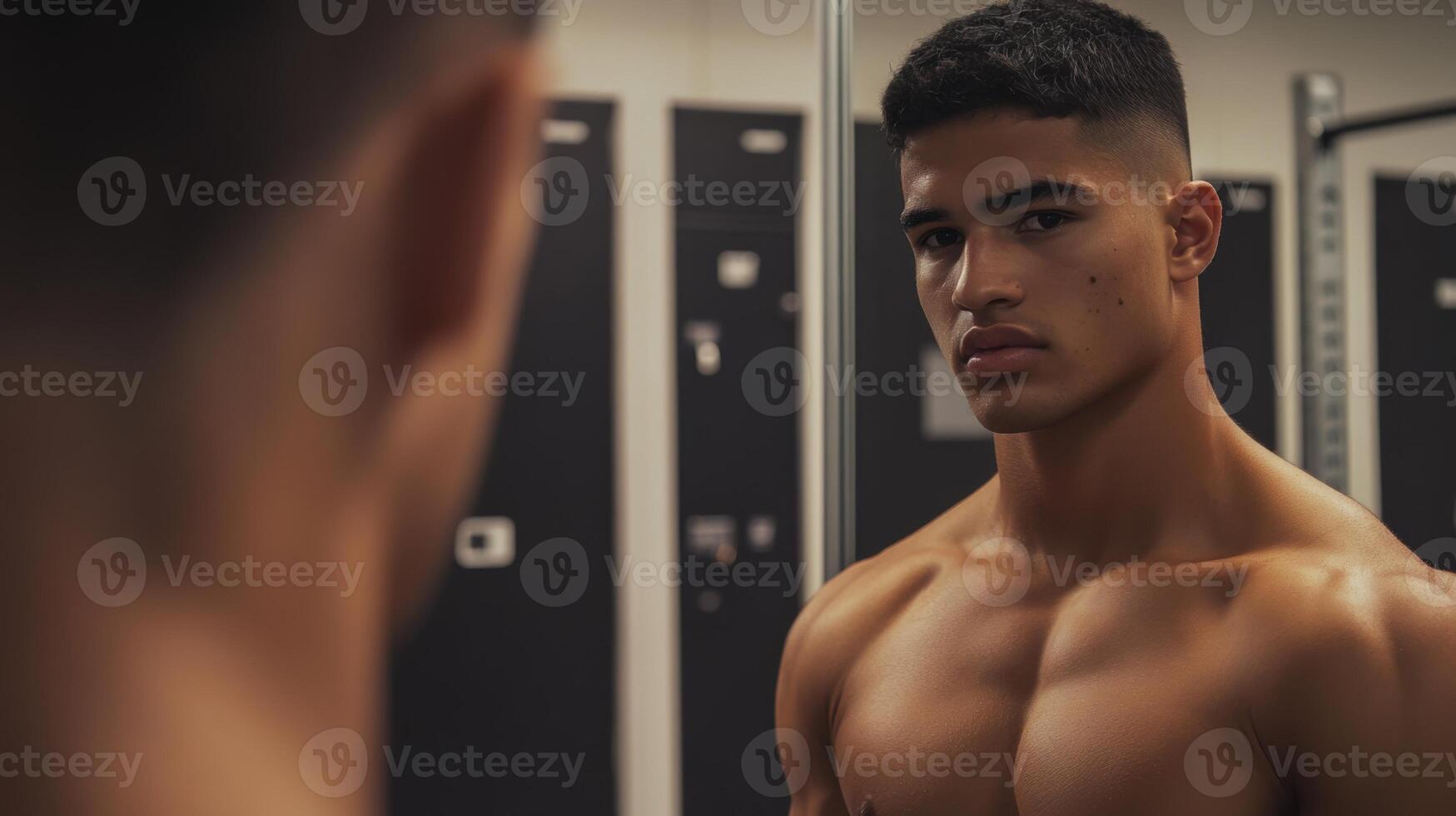 Athletic scene with a shirtless young man examining his face in a gym mirror, focused and determined expression photo