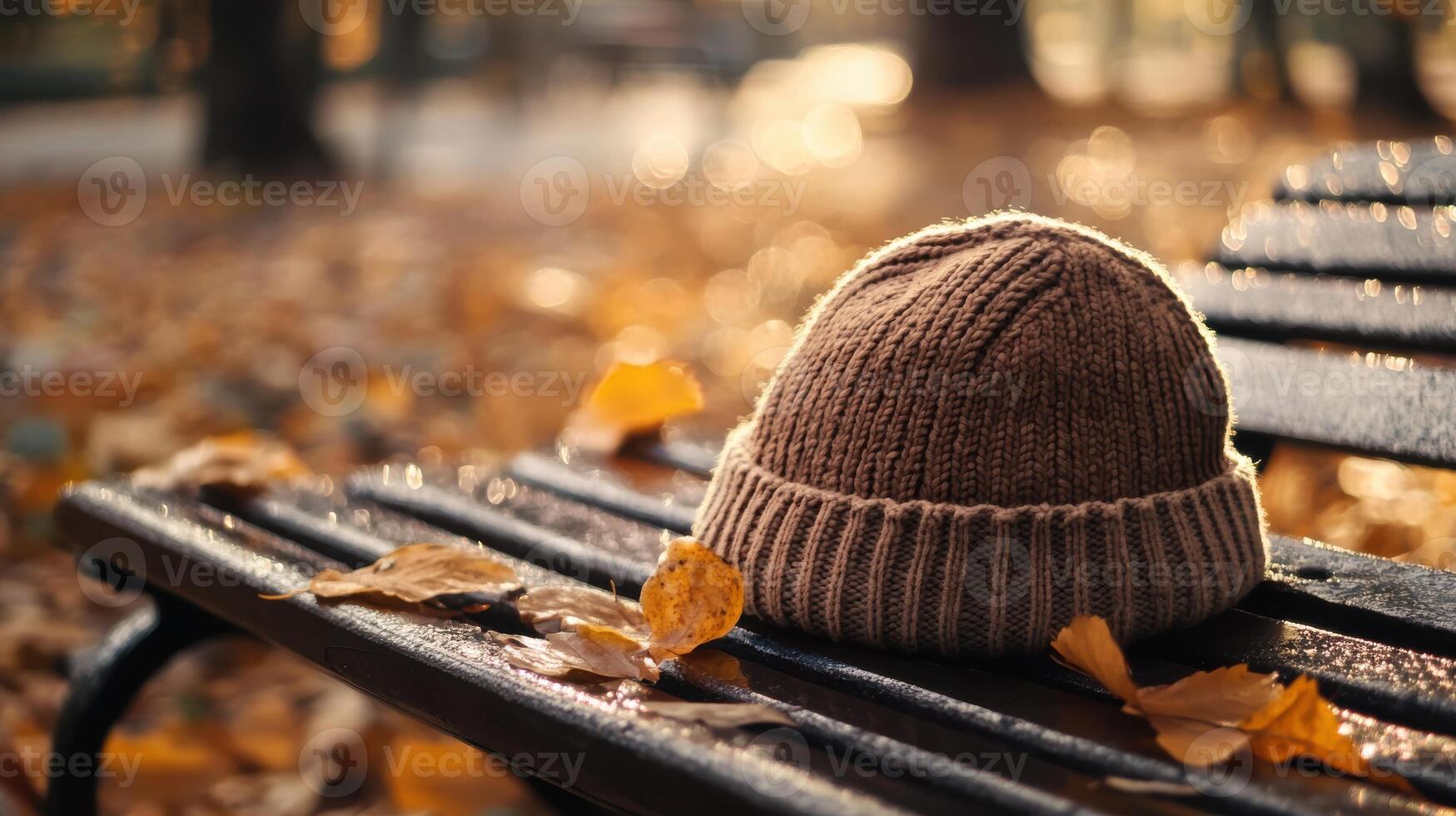 Frost-covered beanie hat on a park bench, golden autumn leaves scattered around, knit texture standing out against the natural backdrop. Autumn clothing photo