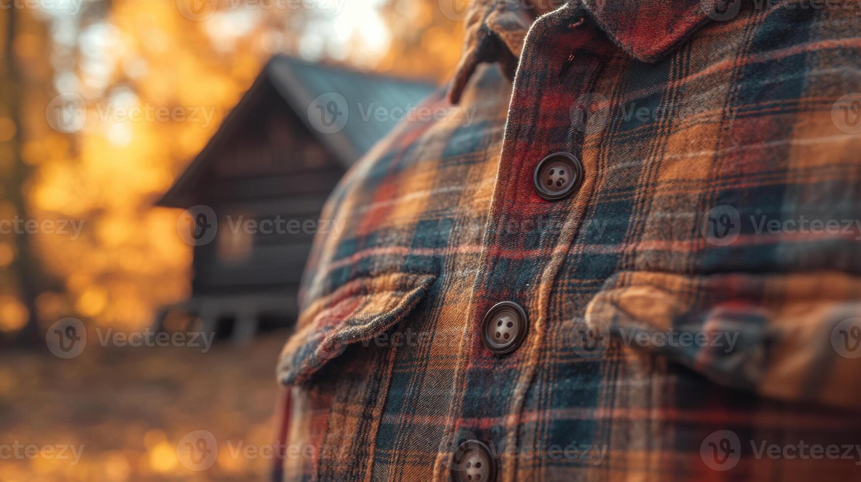 Nostalgic autumn scene with a close-up of a plaid shirt, fabric details and rustic background creating a cozy mood. Autumn clothing photo