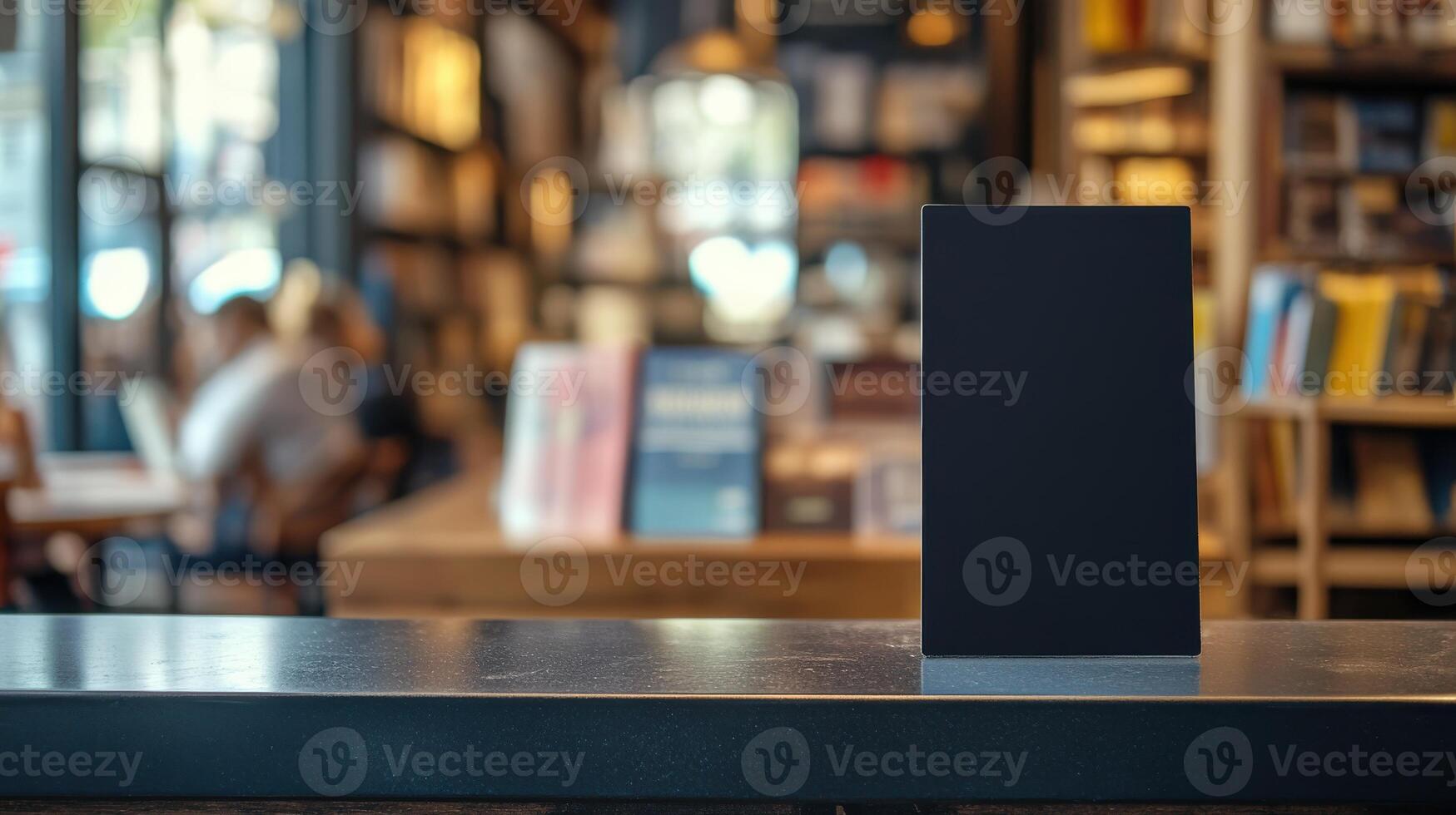 Black blank sandwich board on a counter in a cafe within a bookstore, with customers enjoying coffee and books. Empty sandwich board photo