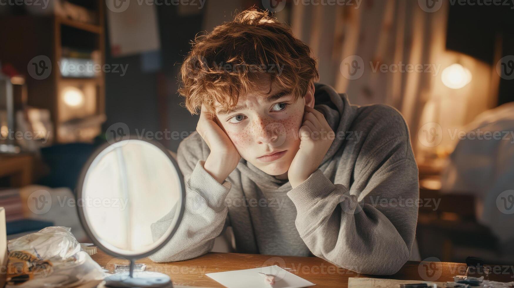 Teenager with a breakout examining his face in a mirror, sitting at a cluttered desk in a bedroom, frustrated expression photo