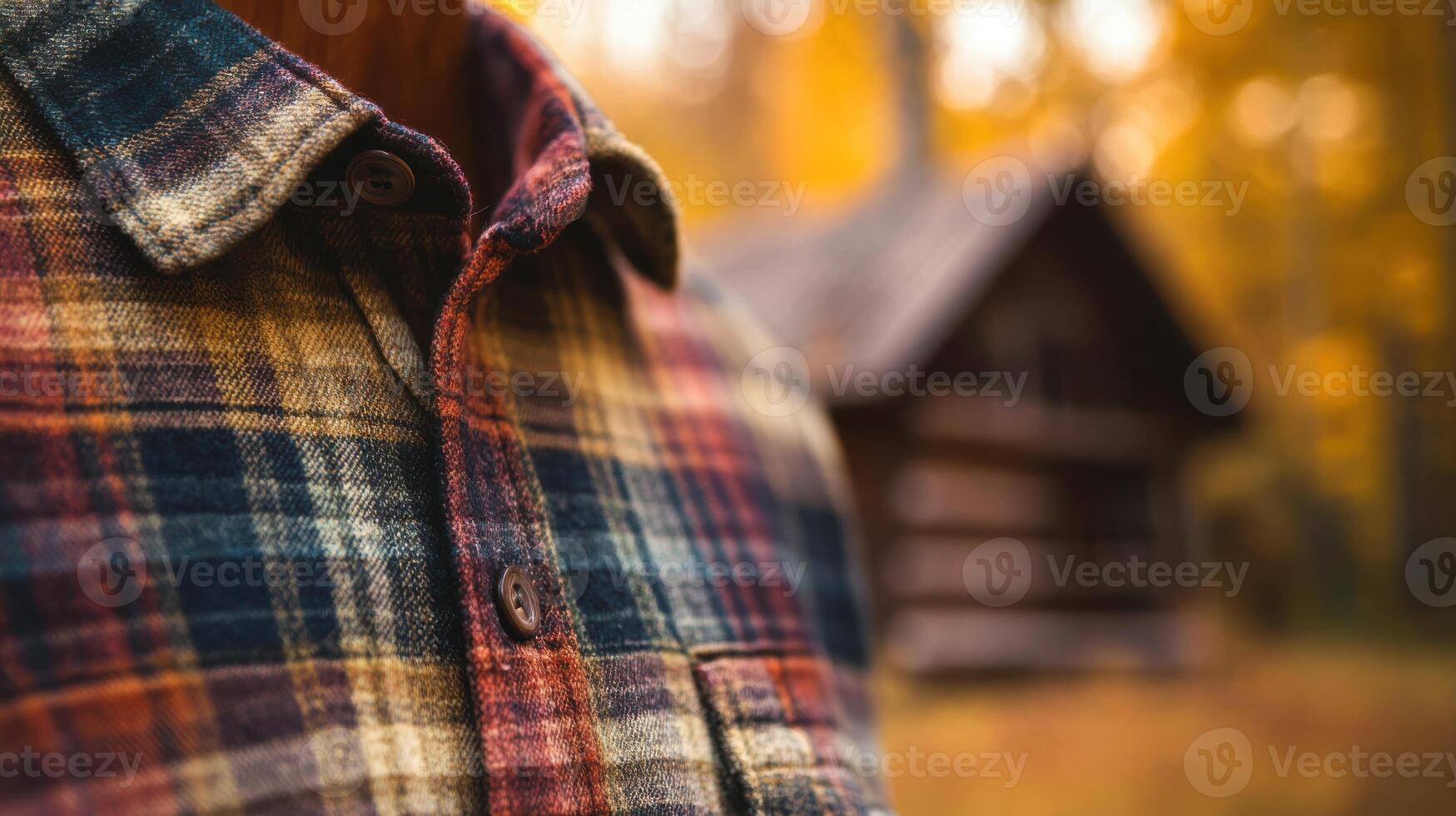 Plaid shirt close-up, with collar and buttons highlighted against a rustic background, autumn colors evoking a cozy, nostalgic feel. Autumn clothing photo