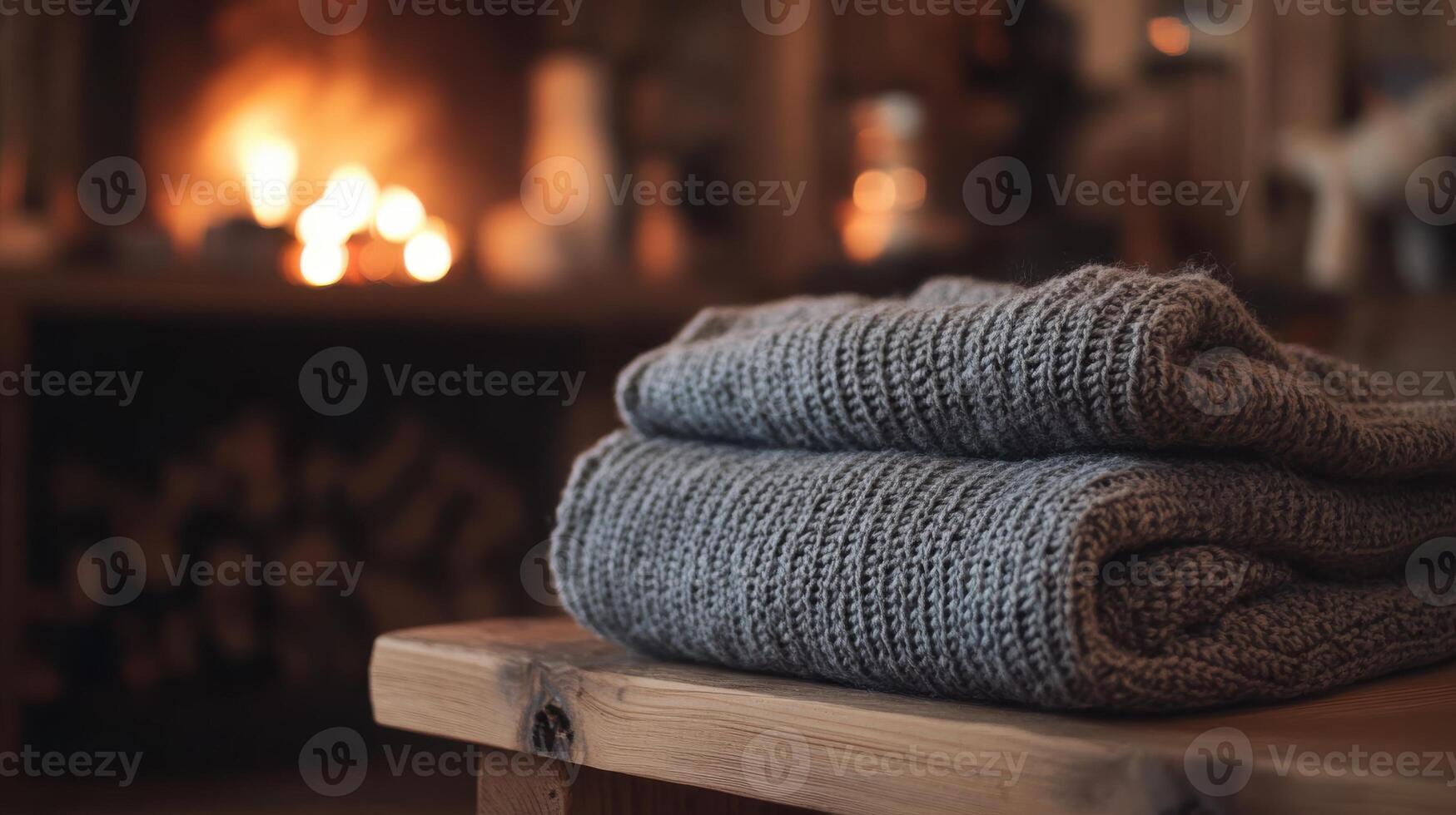 Thick turtleneck sweater neatly folded in a cabin, firelight adding to the cozy, comfortable atmosphere. Autumn clothing photo