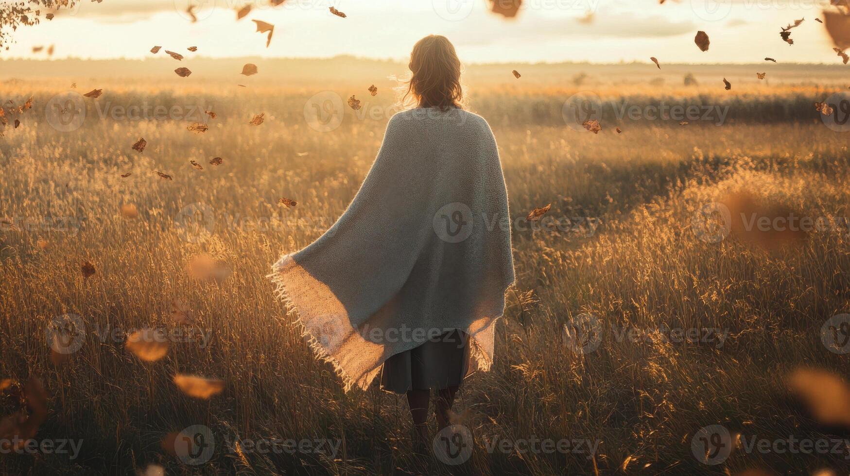 Model wearing a poncho in a field of tall grass, soft fabric moving with the autumn breeze, rugged landscape in the background. Autumn clothing photo