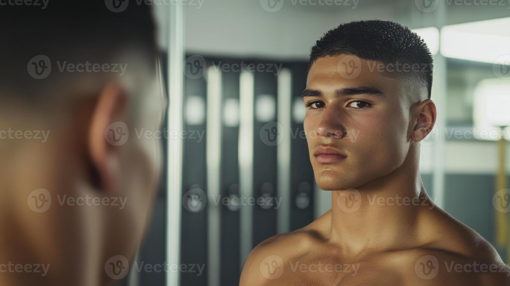 Serious young man looking at his reflection in a large mirror, gym locker room with lockers and bench in the background photo