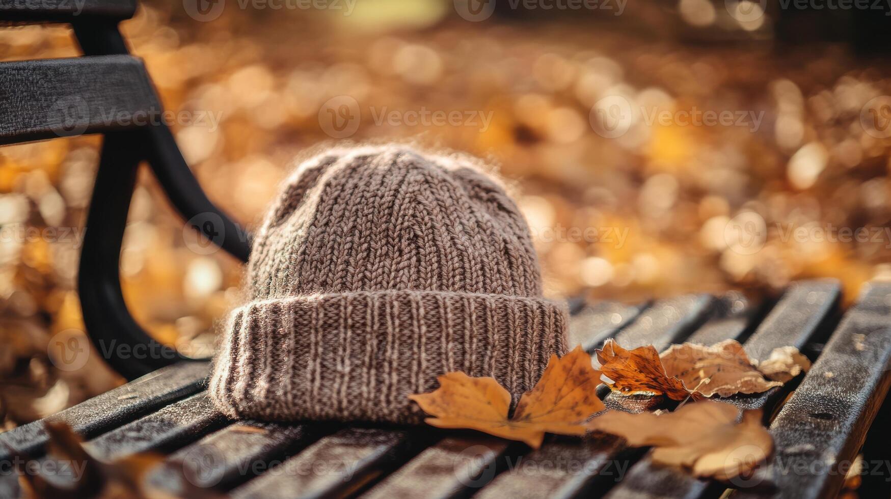 Autumn scene with a beanie hat dusted with frost, knit texture contrasting with the golden autumn leaves and park bench. Autumn clothing photo