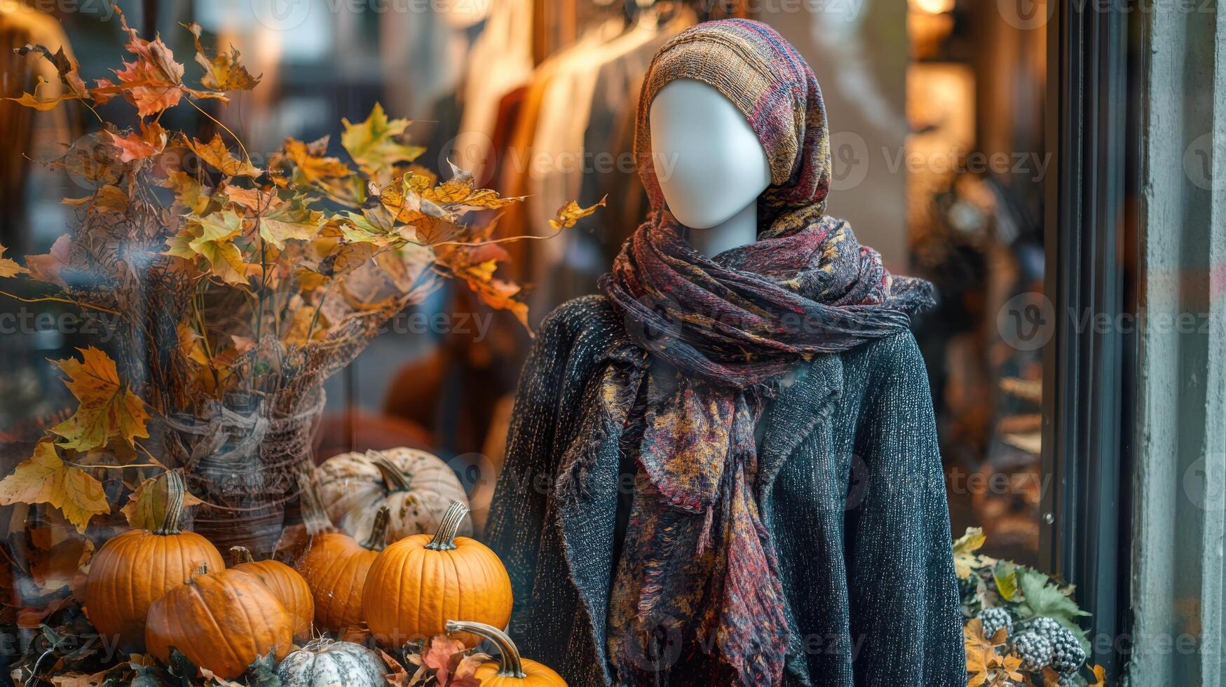 Layered autumn outfit on a mannequin in a boutique window, surrounded by leaves and pumpkins, creating a cozy, textured atmosphere. Autumn clothing photo
