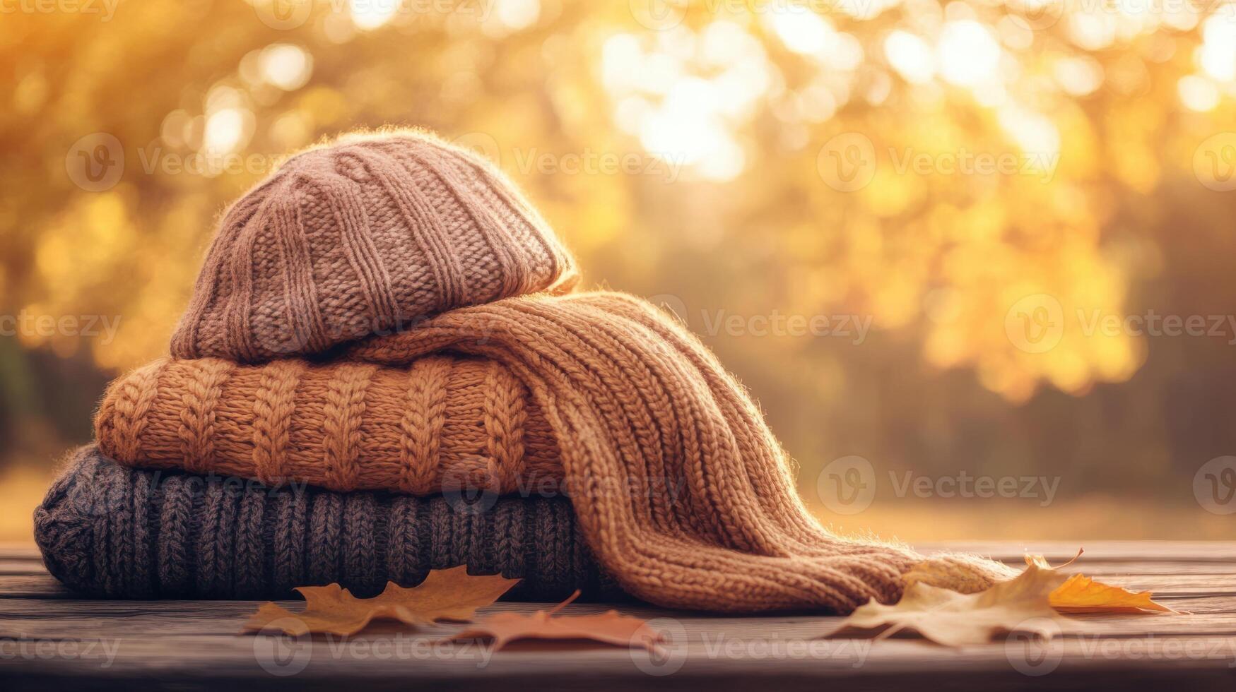 Folded sweater, scarf, and hat on a rustic wooden table, with autumn leaves in the blurred background, soft warm lighting enhancing natural textures. Autumn clothing photo
