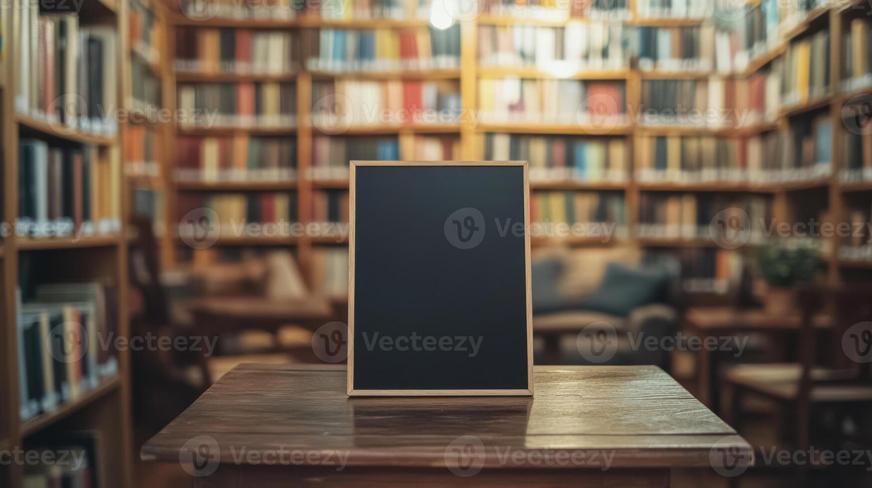 Library corner with a black sandwich board on a table, perfect for promoting events or new arrivals. Empty sandwich board photo