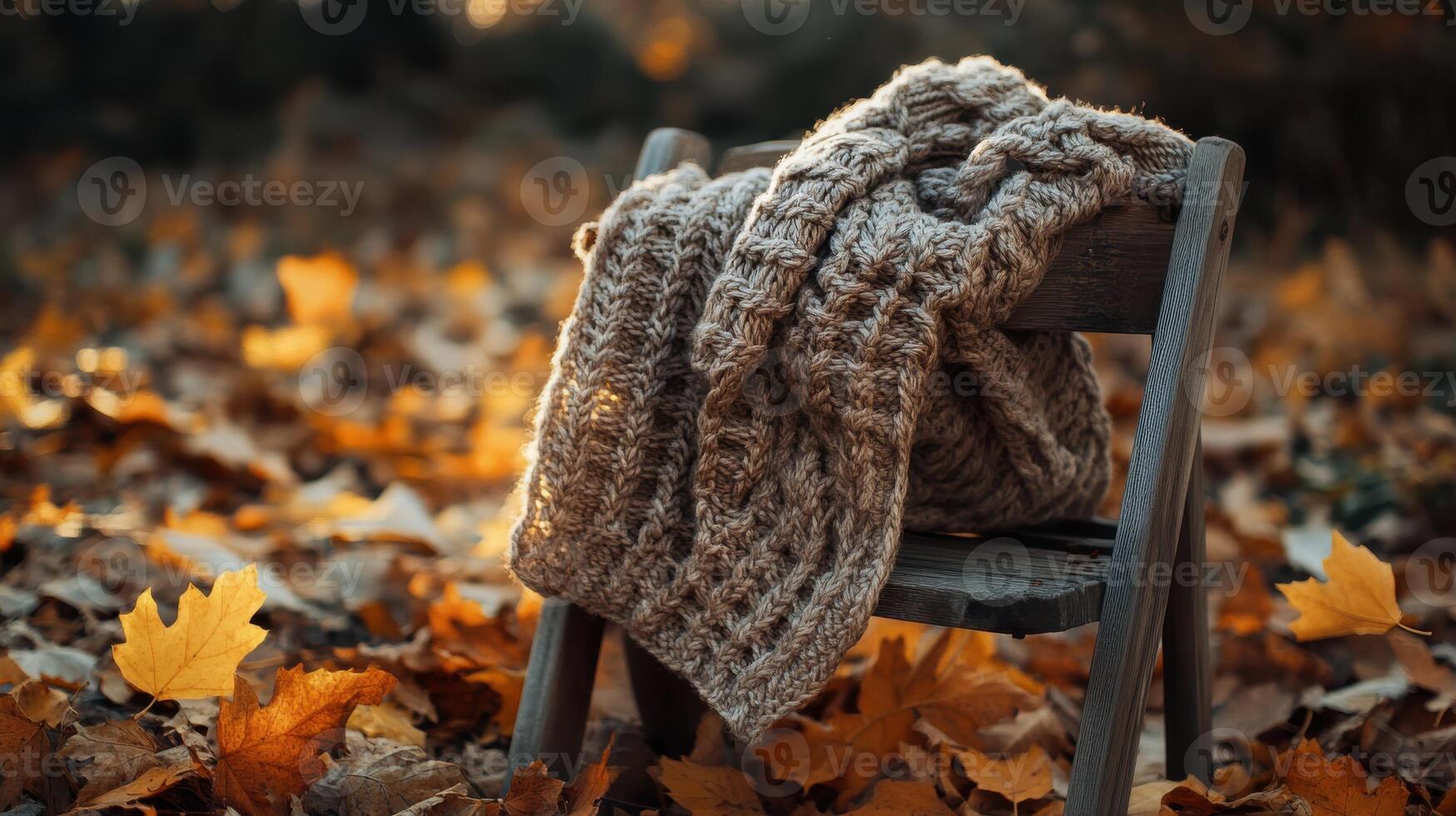 Knitted scarf draped over a rustic wooden chair, surrounded by autumn leaves, warm light highlighting textures in a cozy, natural setting. Autumn clothing photo