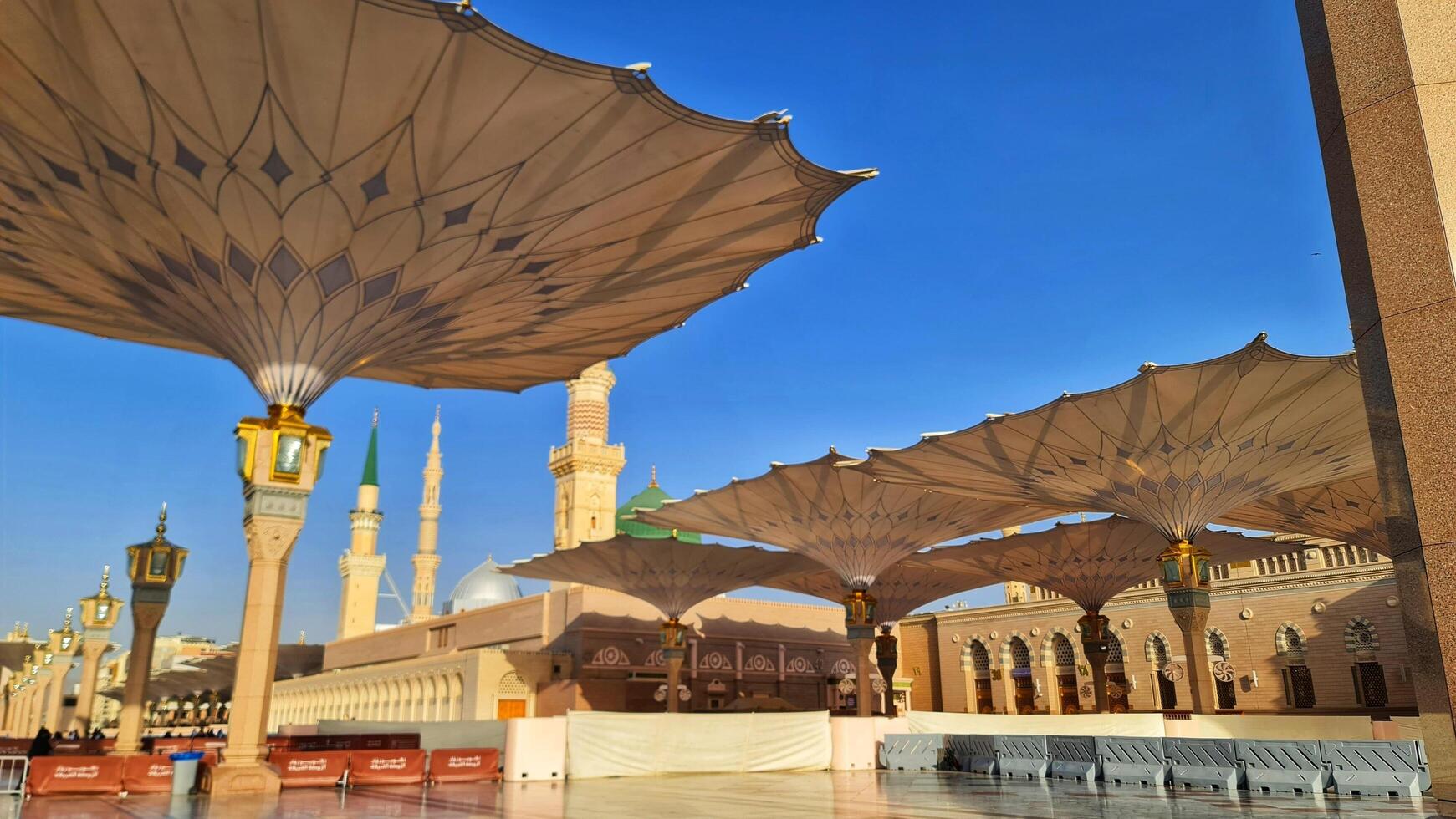 Medina, Saudi Arabia on March 1, 2024. Umbrellas spread across the Medina Haram Piazza or Al-Masjid An-Nabawi Umbrellas are open umbrellas erected in the Al-Masjid an-Nabawi square, photo
