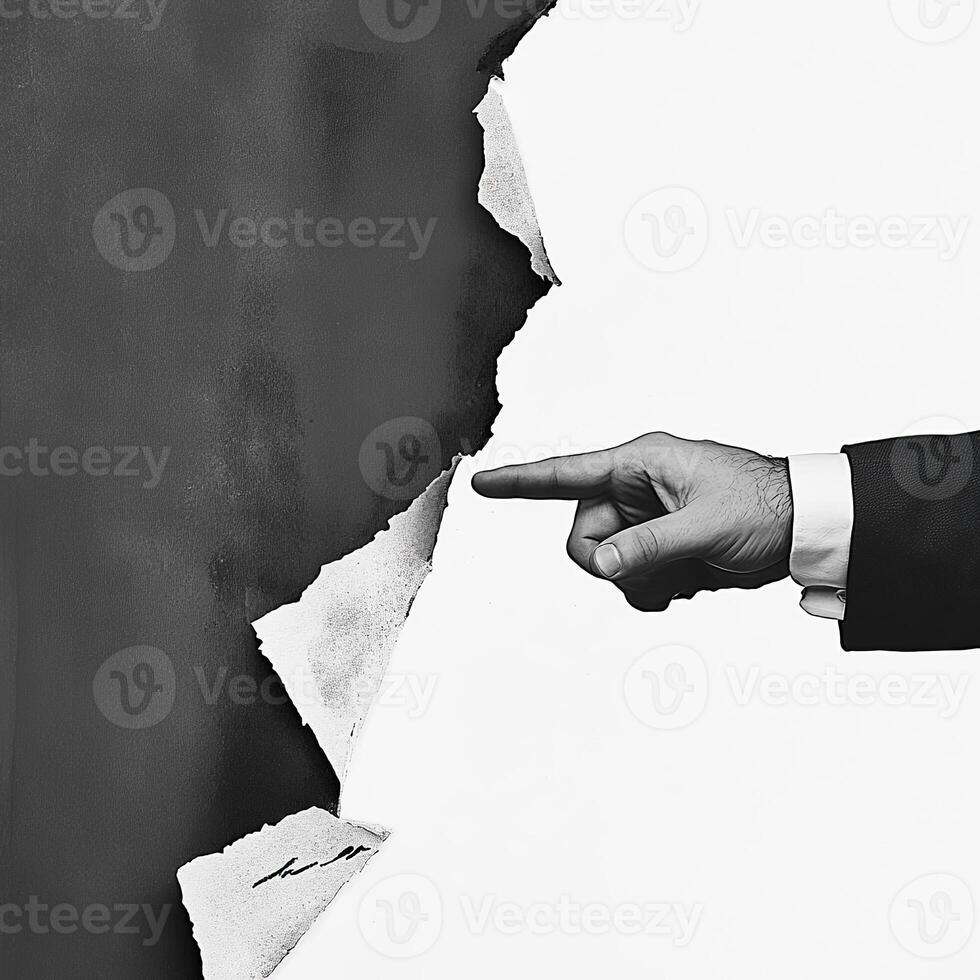 A business concept image shows a hand in a suit pointing at torn paper, symbolizing breakthrough and innovation. The minimalist, abstract design emphasizes creativity, disruption, and modern corporate photo