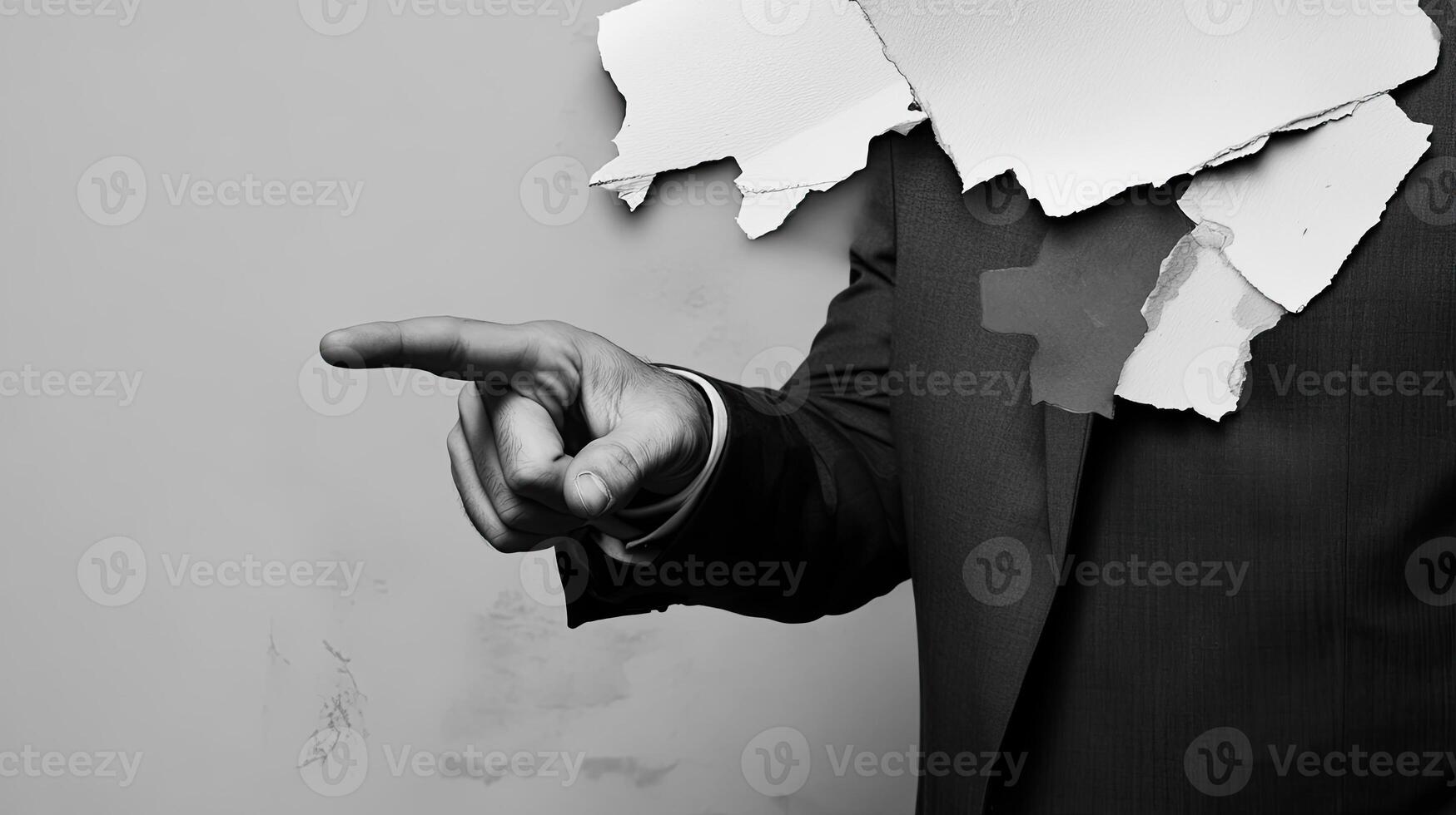 A business concept image shows a hand in a suit pointing at torn paper, symbolizing breakthrough and innovation. The minimalist, abstract design emphasizes creativity, disruption, and modern corporate photo