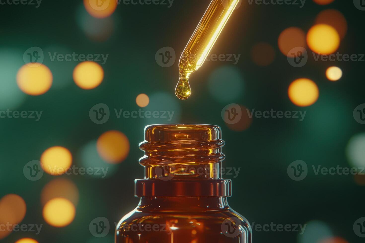 An amber glass bottle stands elegantly, as a golden droplet of oil falls gracefully from the dropper. The warm glow creates a serene and inviting atmosphere, suggesting a moment of tranquility. photo