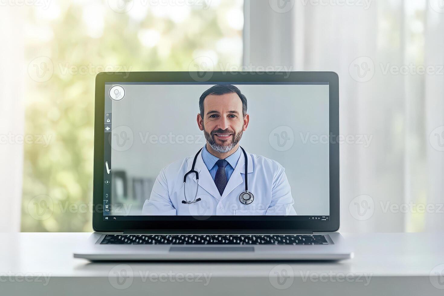 A healthcare professional is conducting a virtual consultation from a telehealth station, showcasing the convenience of remote medical advice. Bright natural light enhances the peaceful atmosphere. photo