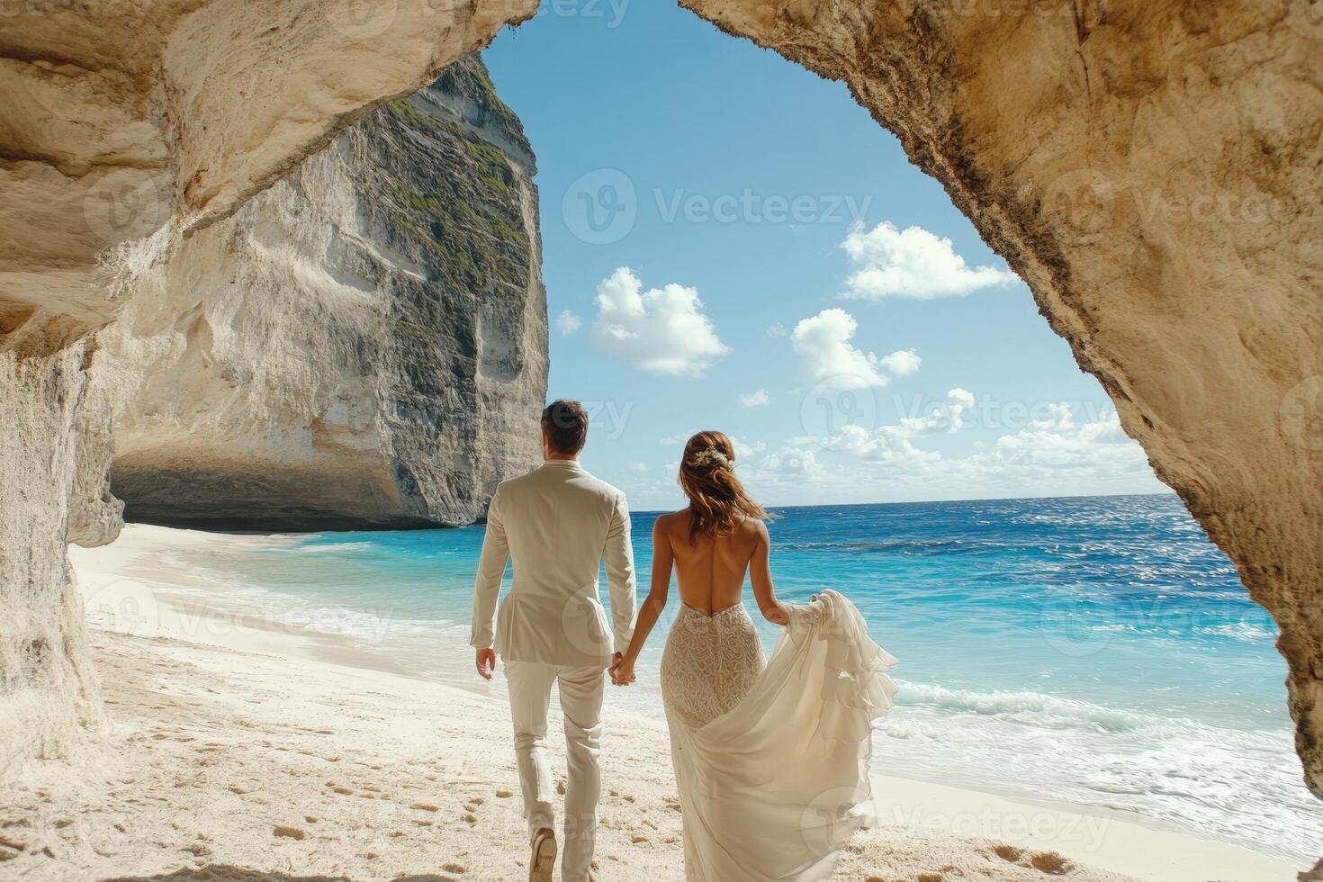 A newlywed couple strolls along a beautiful beach, the brides dress flowing in the breeze, as they enjoy their honeymoon surrounded by cliffs and clear water. photo
