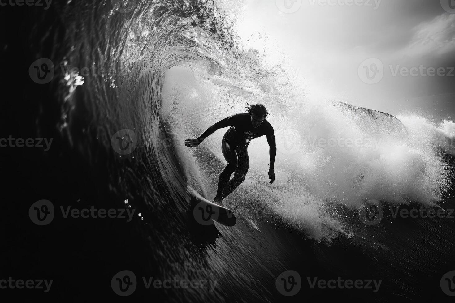 A skilled surfer embraces the power of morning waves, gliding effortlessly through the waters crest photo