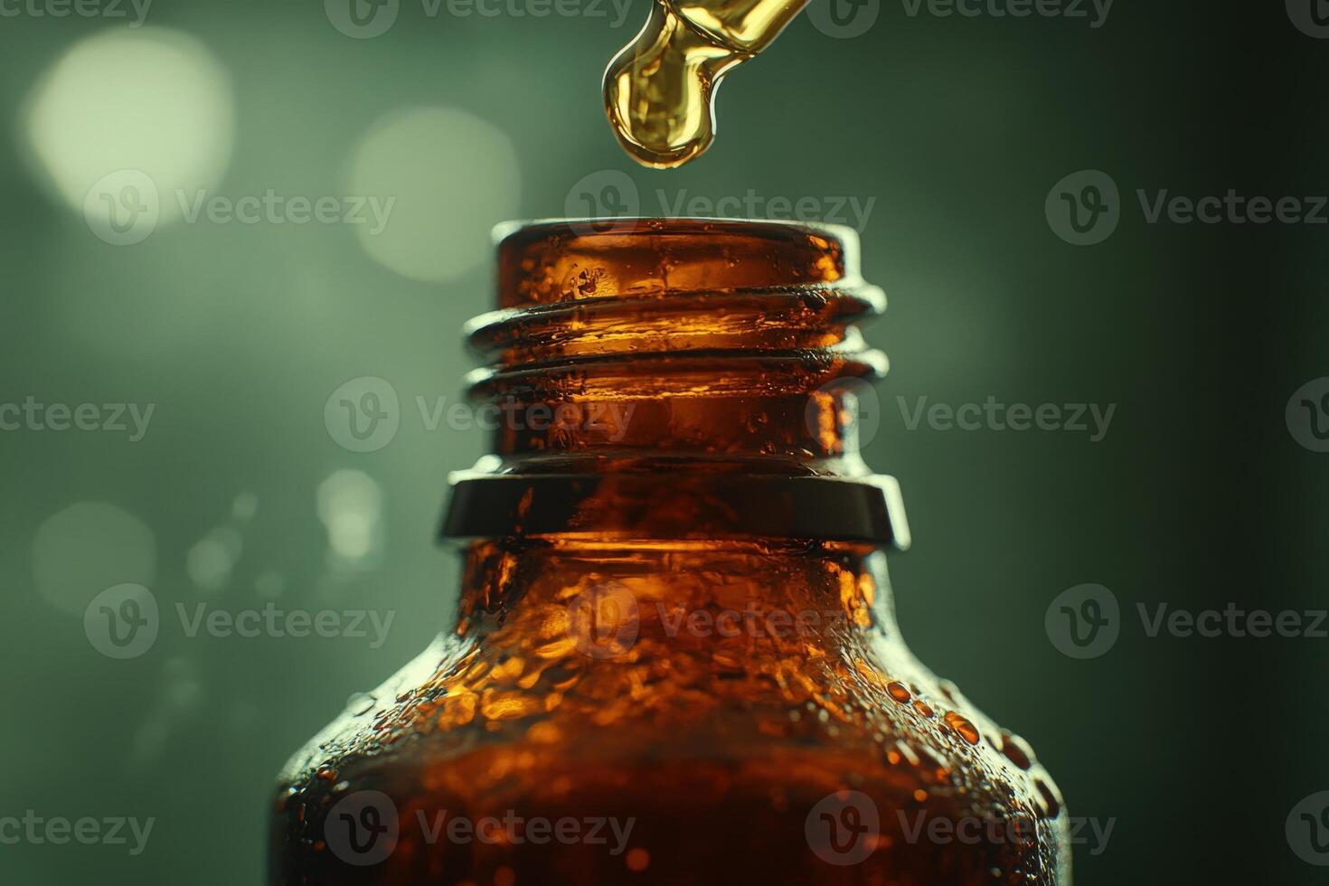 An isolated amber glass bottle stands out, adorned with delicate oil droplets. The soft background enhances the bottles texture, creating a tranquil atmosphere filled with potential. photo