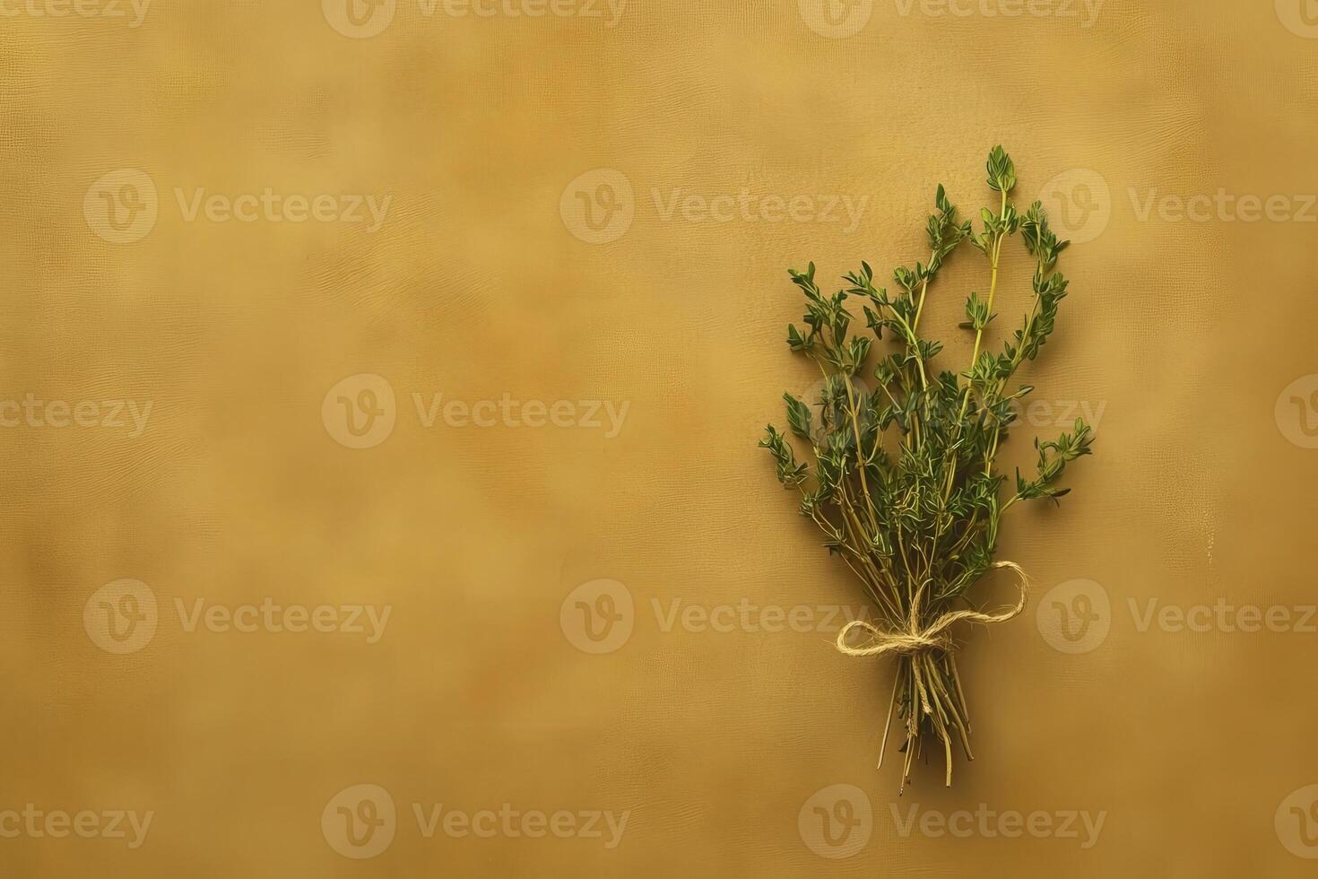 An isolated bundle of dried herbs is tied together with twine, showcasing its rustic beauty against a warm, textured background. The arrangement exudes a natural, calming essence. photo
