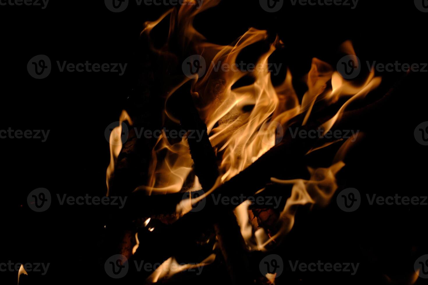 Orange flames close-up at night by the campfire photo