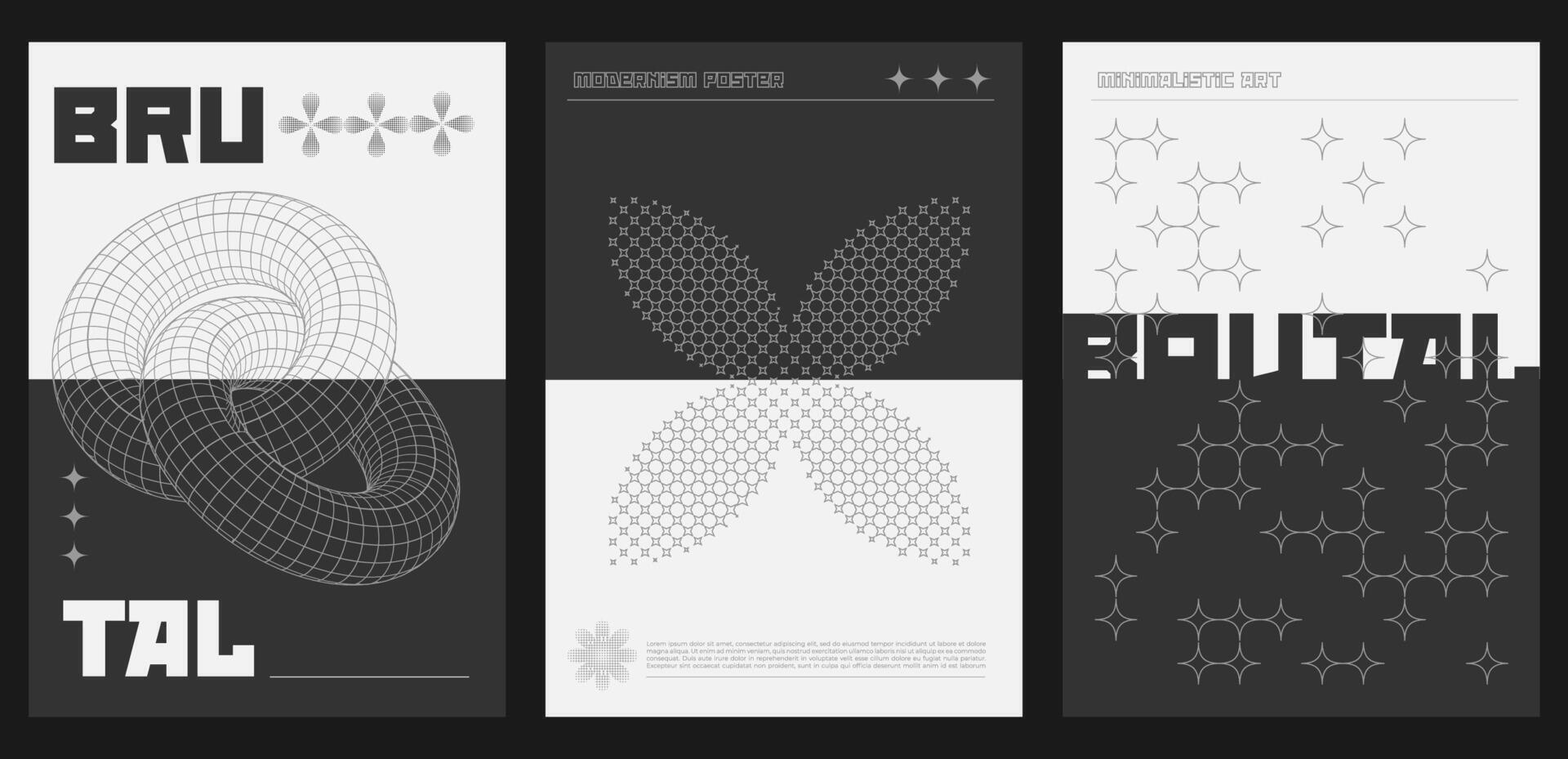 Trendy abstract brutalist poster set with black linear geometric shapes on monochrome background. Modern brutal style minimal prints design with 3d and flat grid graphic elements. y2k print vector