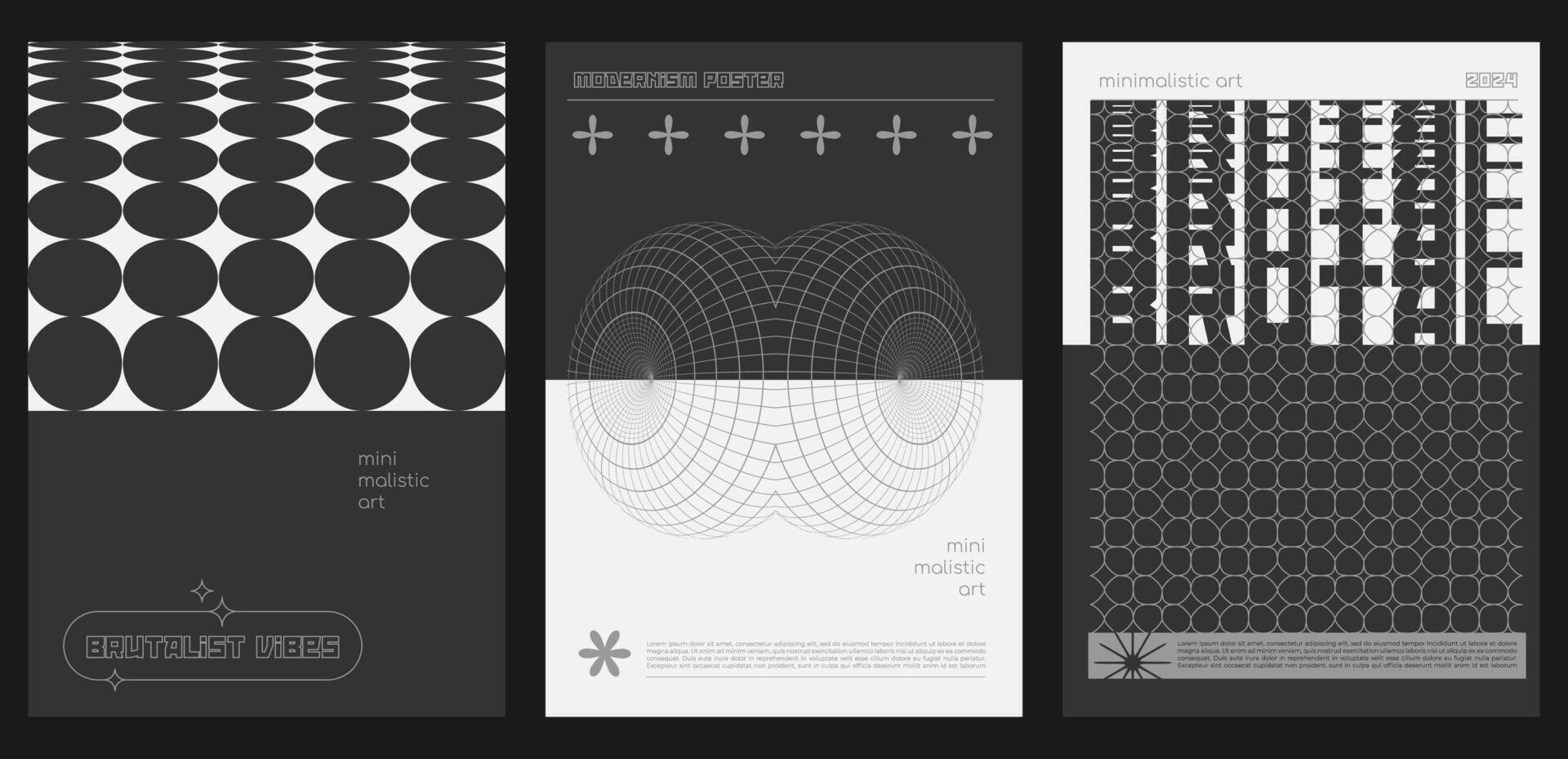 Set of modern abstract brutalist posters. Retro futuristic design elements, perspective grid, 3d circles. Posters silhouette minimalistic basic figures. Minimalistic monochrome brutalist design vector