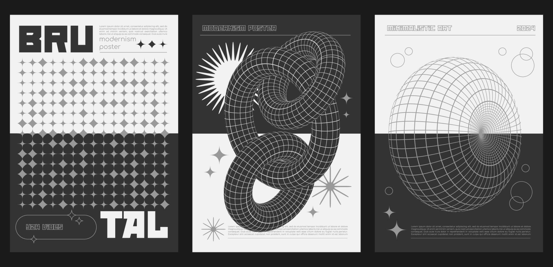 Trendy abstract brutalist posters set with black geometric grid shapes on monochrome background. Modern brutalism style minimal prints design with flat and 3d graphic elements. Brutal y2k print vector